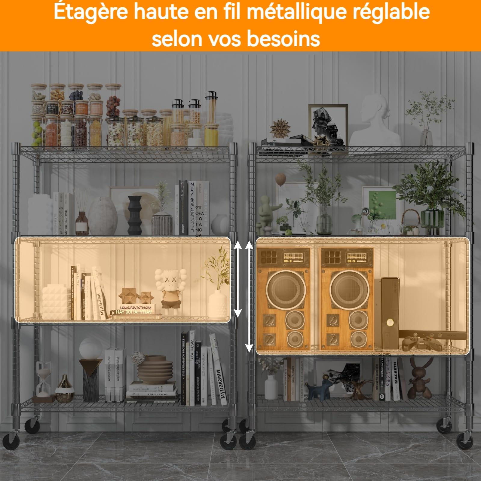Himimi Estantería de Alambre 4 Niveles con Ruedas, Altura Ajustable, 500 kg, 90x45x183 cm