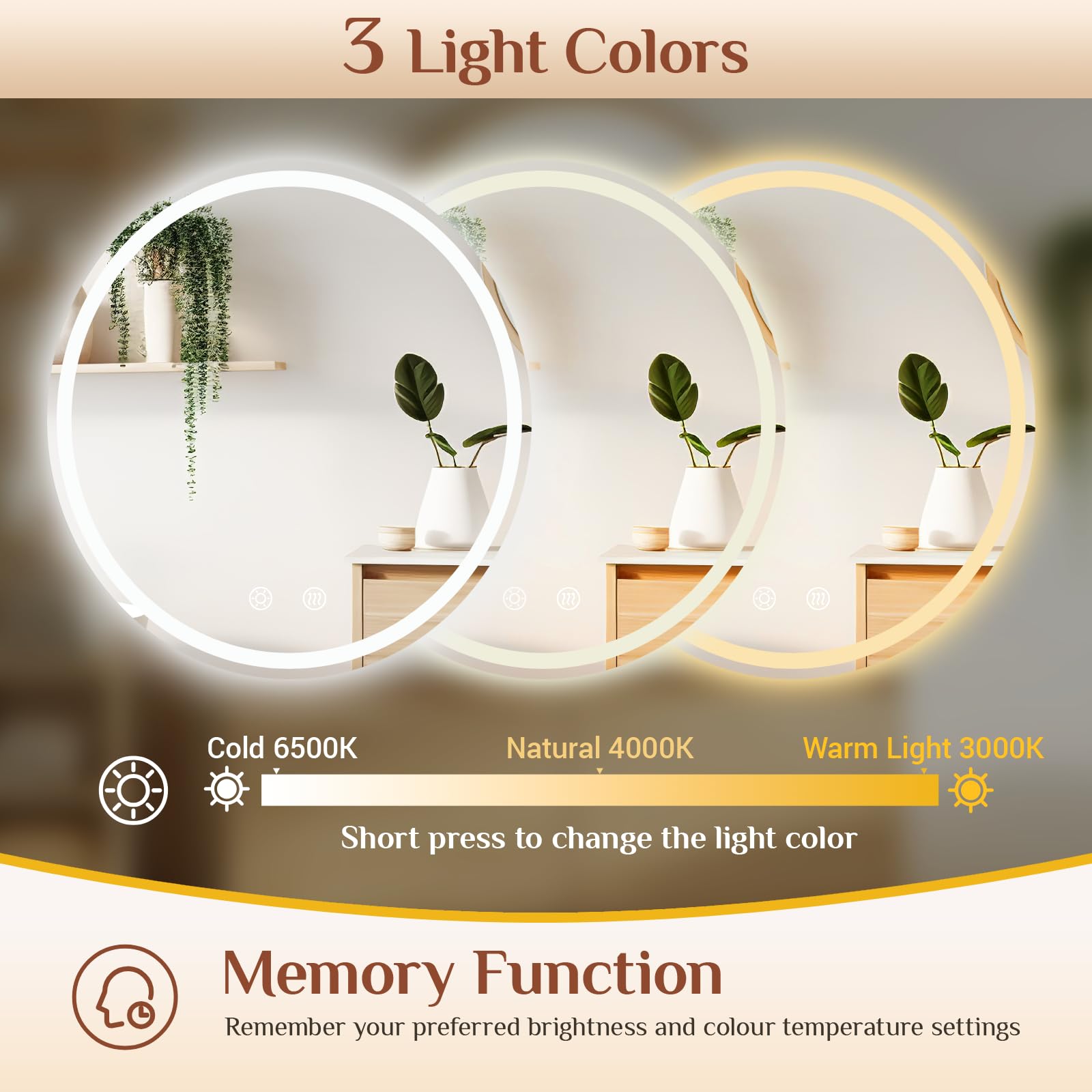 Clevich Specchio Bagno con Luce Rotondo 60 cm, Specchio-LED con 3 Colori di Luce Dimmerabile, Vetro Temperato Antideflagrante, Antifog, Interruttore Touc, Funzione Memoria
