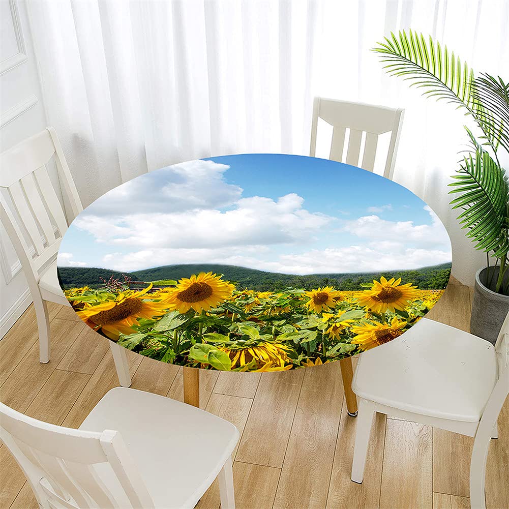 Morbuy Nappe Ronde Élastique, 3D Tournesol Imprimé Nappes Imperméable Anti Taches Bord Ajustable Couverture De Table Pour Décoration Salle à Manger