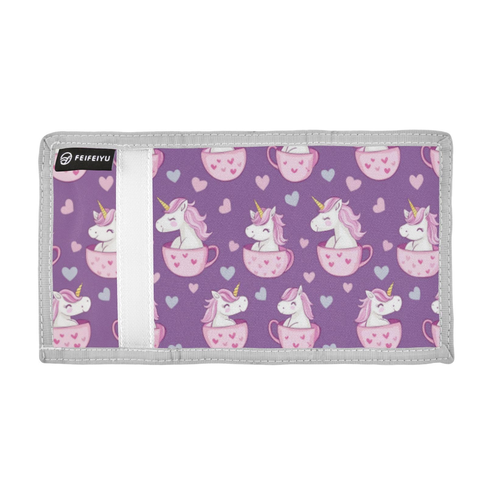 Wusikd Cute Unicorns Kids Wallet for Boys Girls Pink Mug Hearts Toddler Trifold Wallet Novelty Wallet for Teens Women Men
