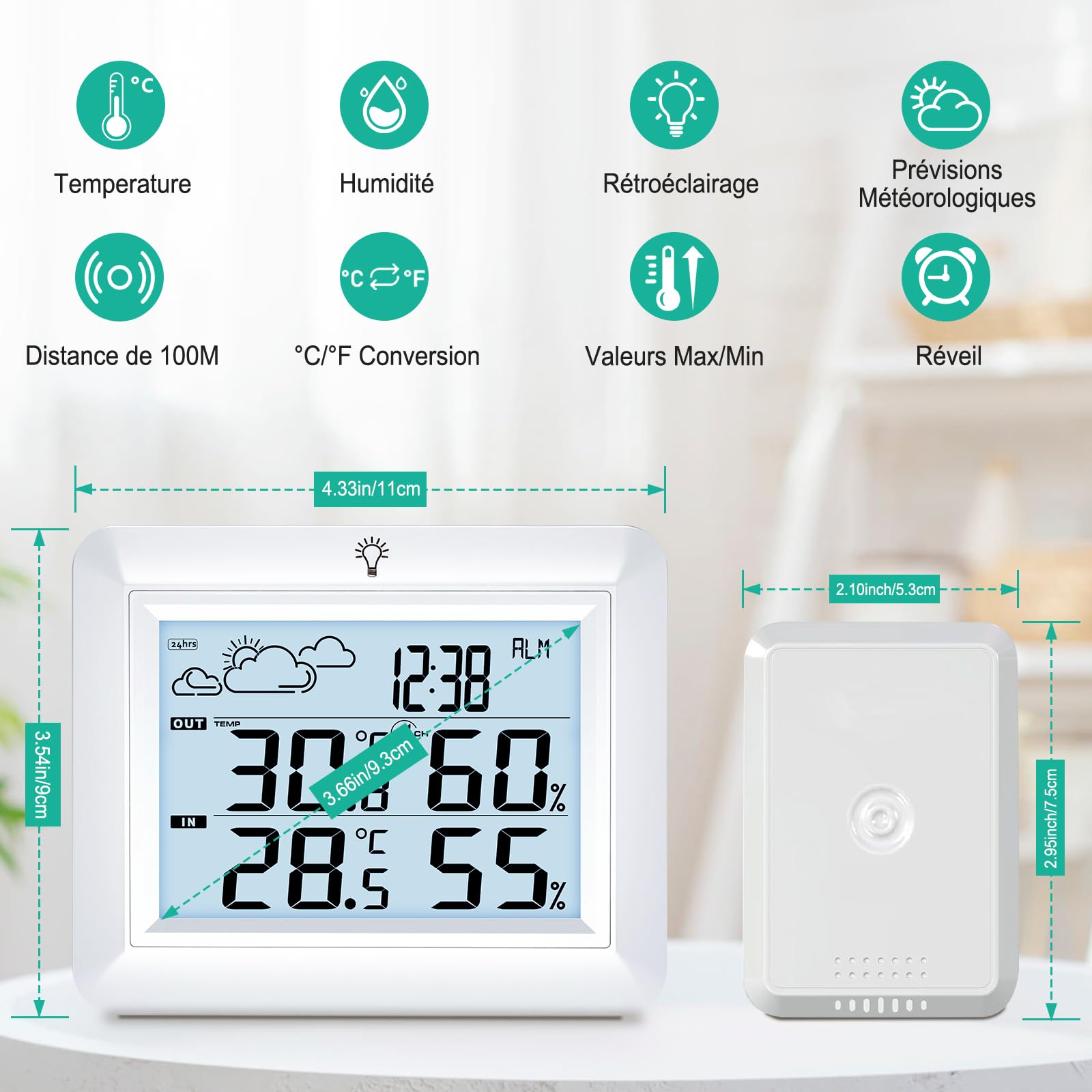 Urageuxy Thermometer Innen Außen, Digital Thermometer Hygrometer mit Wettervorhersage, Hygrometer, Weckzeiten, MIN/MAX-Aufzeichnung, 100m Reichweite, LCD Backlight Display