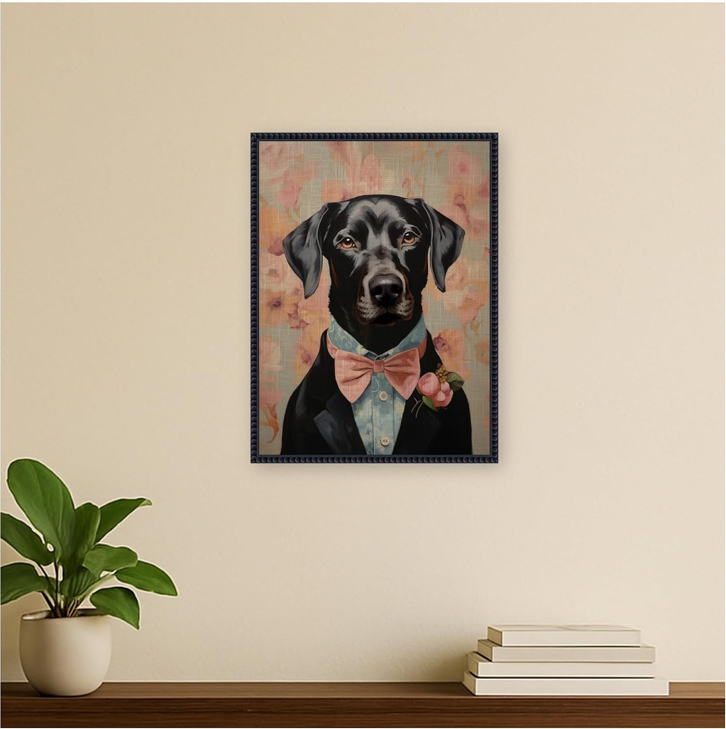 Kate and Laurel Framed Canvas Wall Art Print Regal Portrait of a Black Lab by The Creative Bunch Studio, 18 x 24 Sylvie Beaded Black Frame, Whimsical, Animal Art for Wall Decor