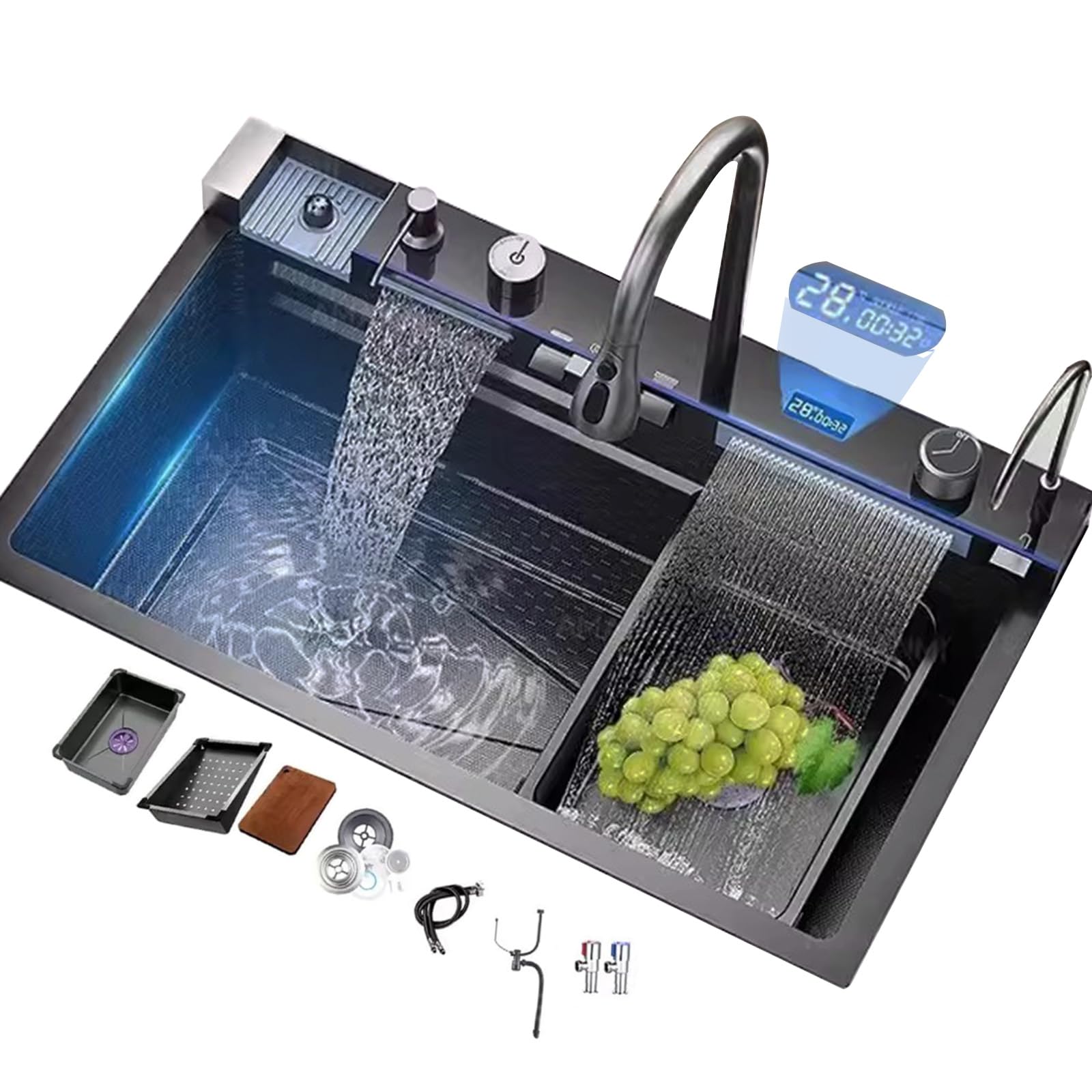 YADZISW Waterfall Faucet Kitchen Sink 304 Stainless Steel Single Bowl Multi Function Complete Accessories Elegant Gold Black White Options (68x46x22cm)