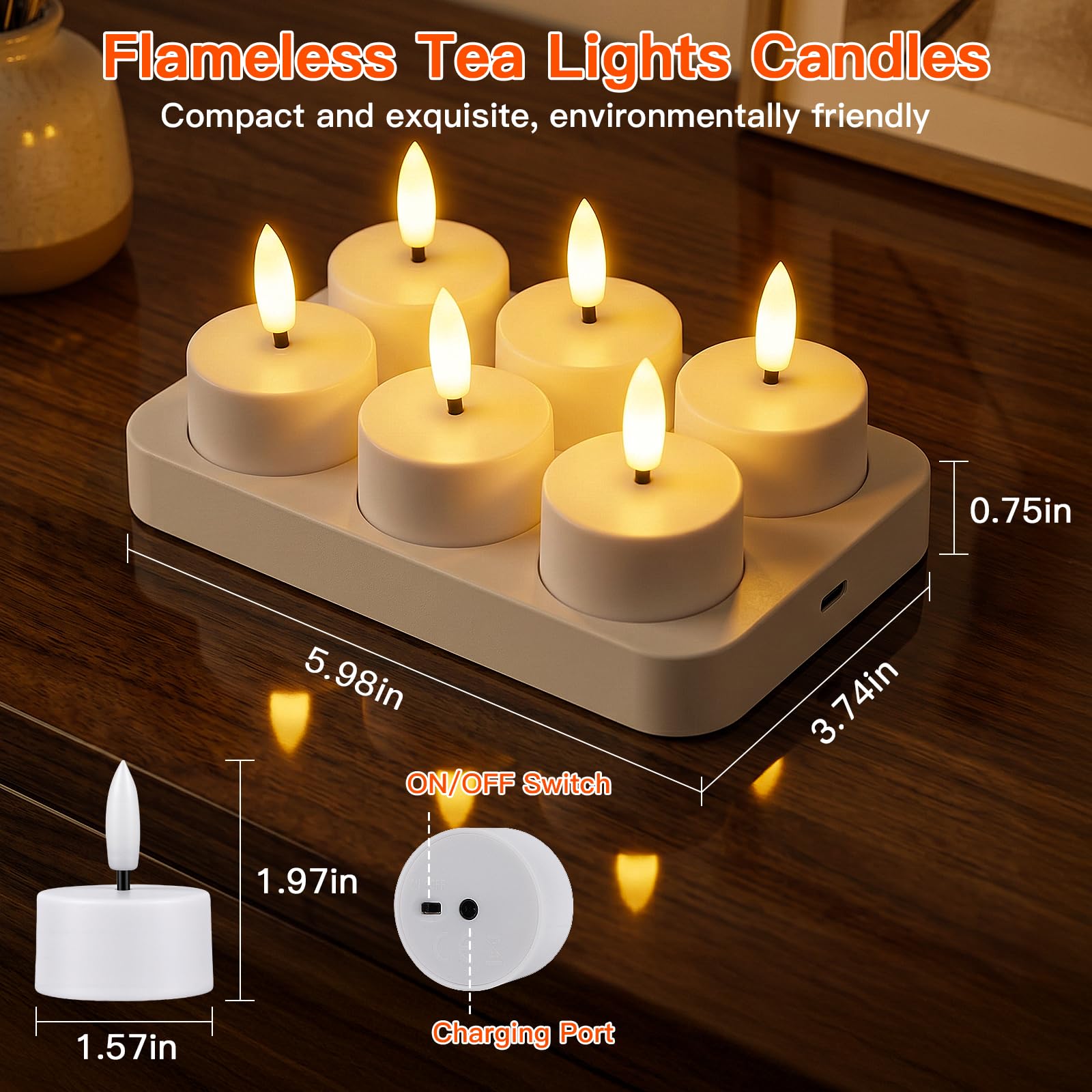 Ketom LED Teelichter mit Timer, Elektrische Teelichter Aufladbar, 6 Stück | Flammenlose LED Teelichter mit Fernbedienung und Ladestation, Dimmbar, Timer, Warmweiß, für Party Home Halloween Decoration