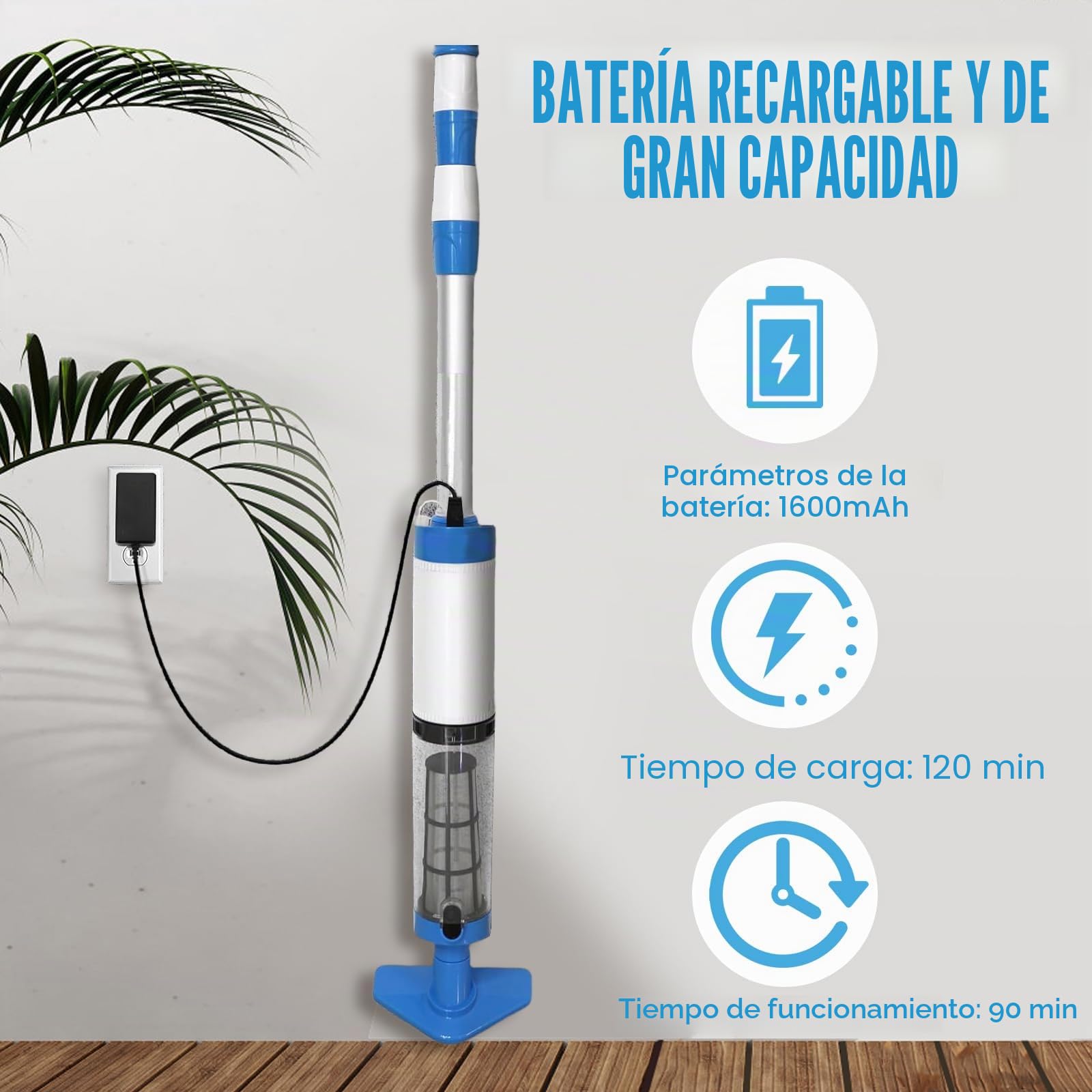Bostar Aspirador Piscina 3 en 1 con Mango Telescópico 20L/min Caudal de Succión, Limpiafondos de Piscina a Bateria Inalámbrica para Pequeñas SPA Piscina
