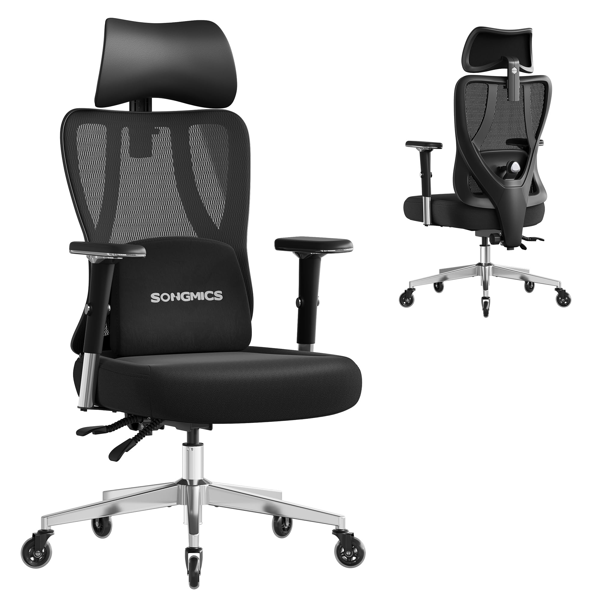 SONGMICS Sedia da Ufficio Ergonomica, Sedia da Scrivania Gaming, Supporto Lombare e Poggiatesta Regolabili, Braccioli, per Diverse Altezze, Portata 150 kg, Nero Inchiostro OBN067BH01