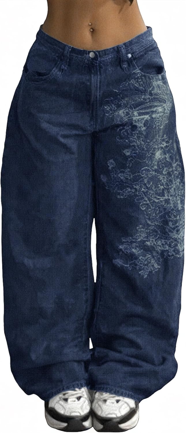 EMMIOL Women Boyfriends Hip Hop 90s Vintage Baggy Jeans Loose Denim Pants Mid-Low Waist Jeans