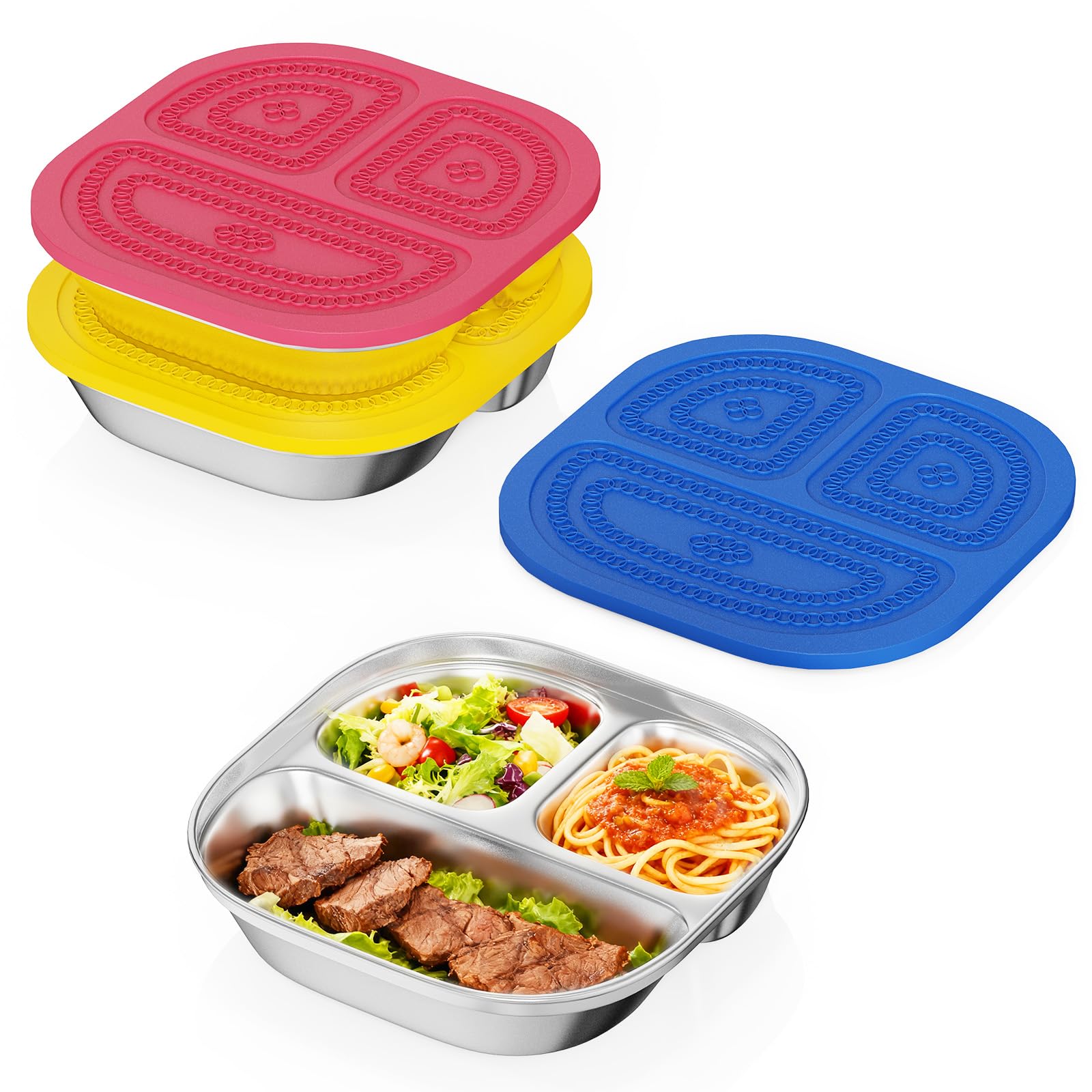 3 Pack Snack Containers,Lunch Box Containers,Food Grade Metal Base with a BPA Free Leakproof & Airtight Silicone Lid,Reusable Airtight Bento lunch Boxes, Kitchen Storage, Freezer (3 color) (3COLOR)