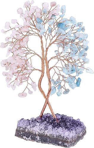 Cheungshing Troncos dobles curativos con base de amatista natural, bonsái de dinero Feng Shui con energía positiva decoración del hogar para la