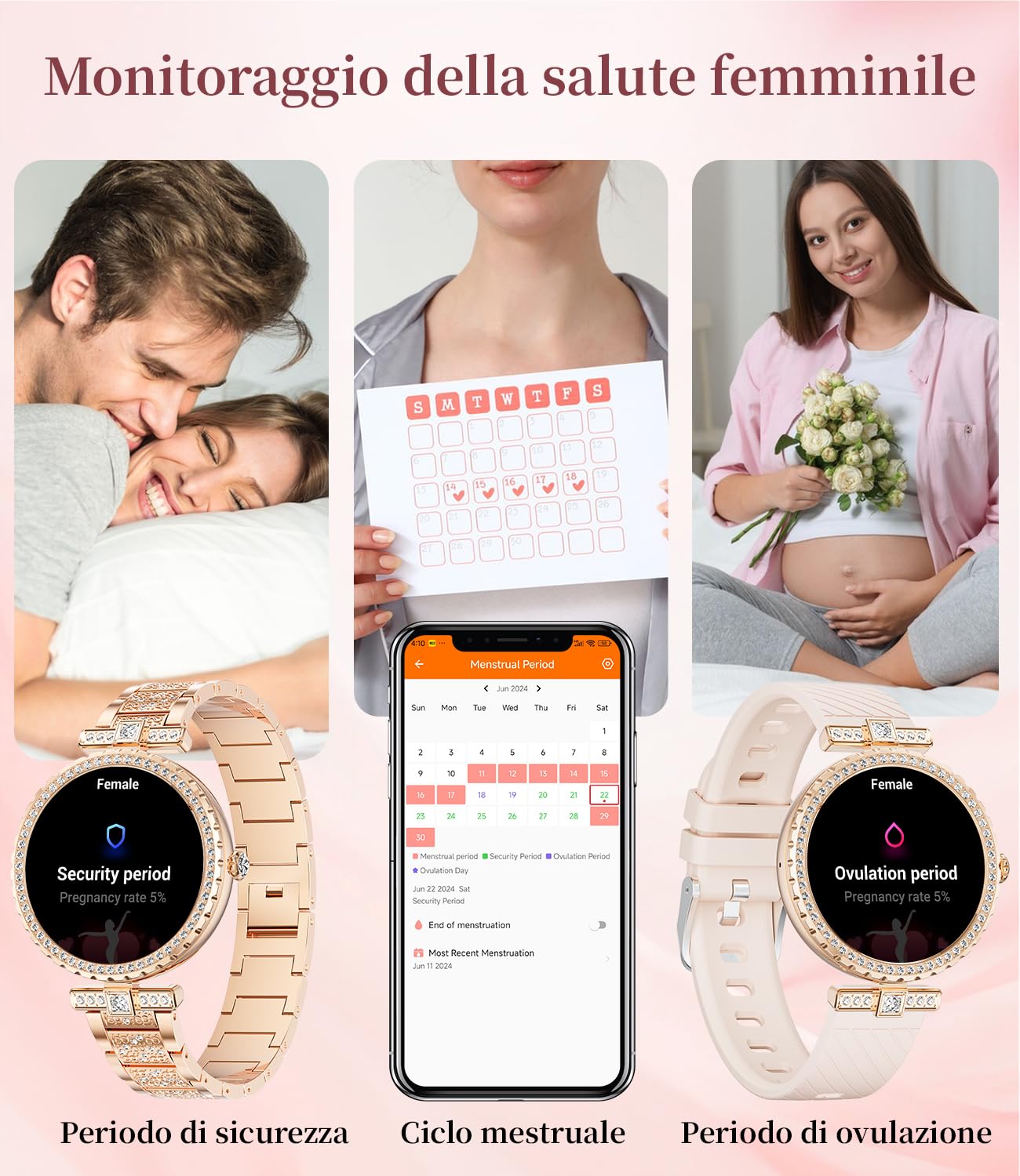 ESFOE Smartwatch Donna,1.19" AMOLED Orologio Smartwatch Donna con Chiamate Whatsapp,Orologio Fitness 120+ Sportive,Ciclo Mestruale,Cardiofrequenzimetro Sonno,IP68 Impermeabile Smart Watch Or Rosa