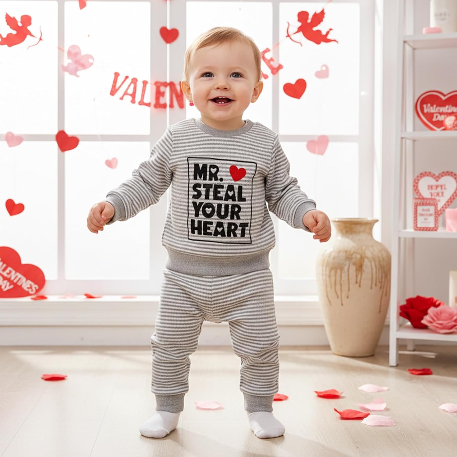 Kuriozud Toddler Baby Boy Clothes Outfit Valentines Day Sweatshirt Lover Boy Shirt+Waffle Knit Pant Set Clothing Fall Winter - Image 2