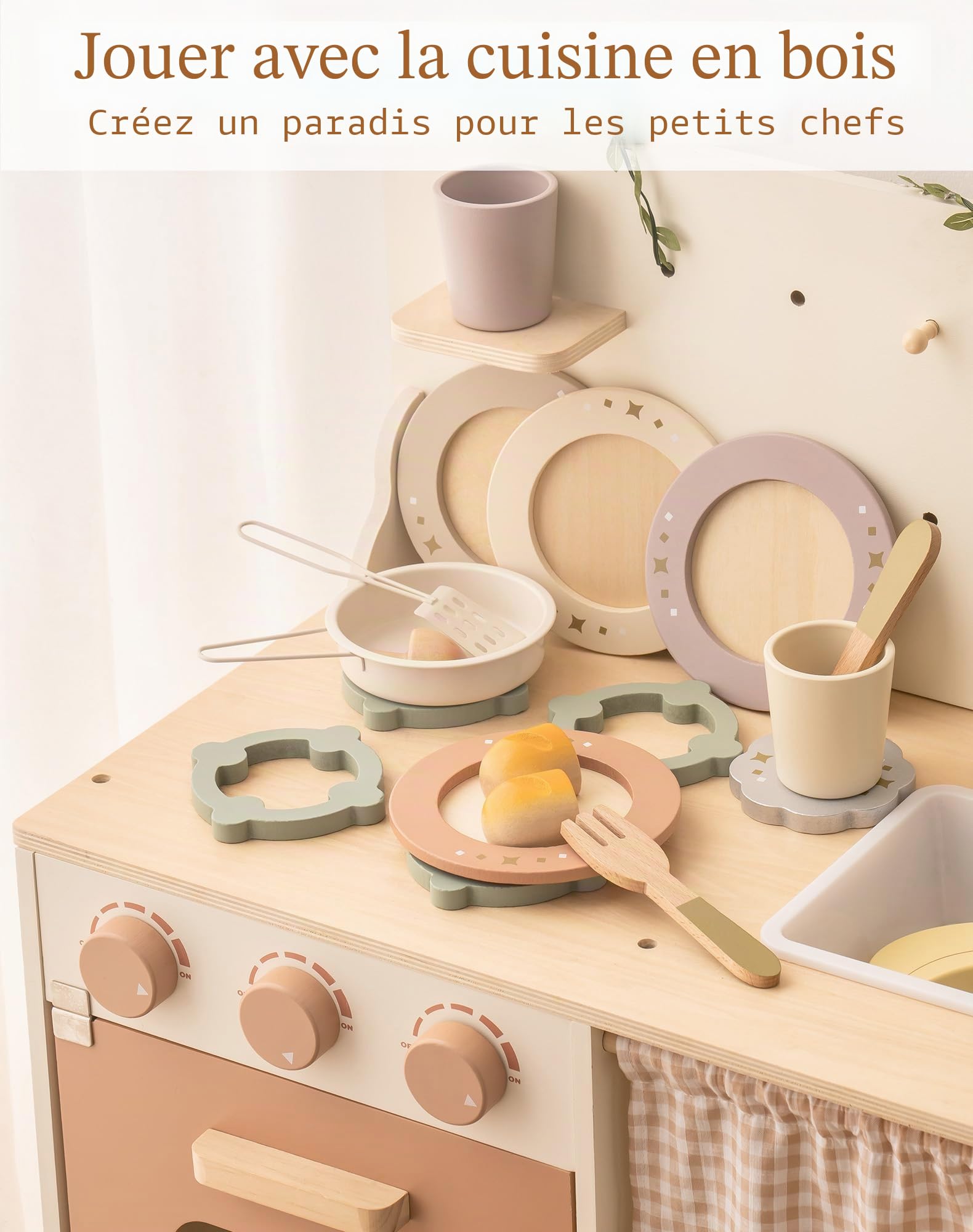 ROBUD Accessoires de cuisine pour enfants, vaisselle en bois, 29 pièces, assiettes et ustensiles de cuisine, ensemble de vaisselle pour jeux de rôle, accessoires de cuisine pour enfants, jouets en