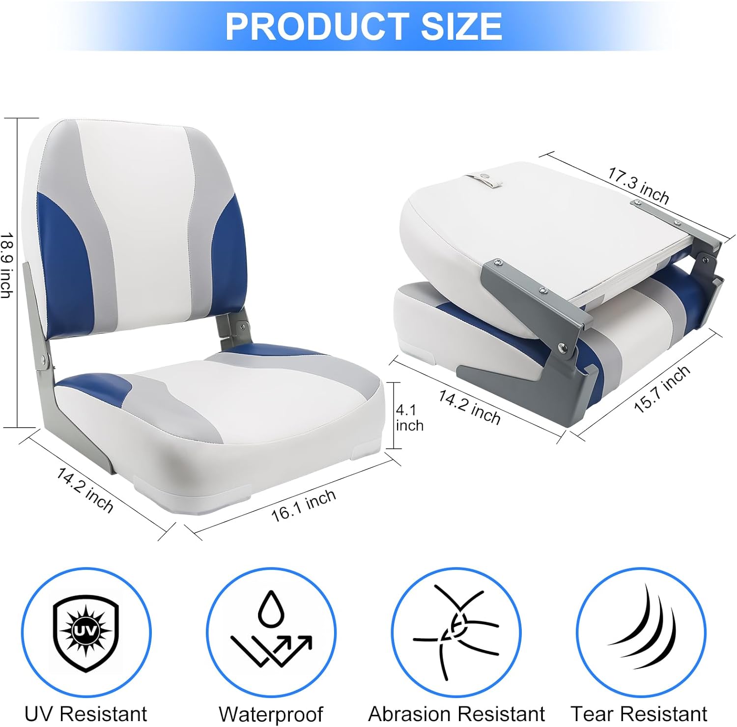 White/Blue High Back Boat Seat Low Back Boat Seats, Waterproof Padded Boat Seat, Low Back Cabin Seat