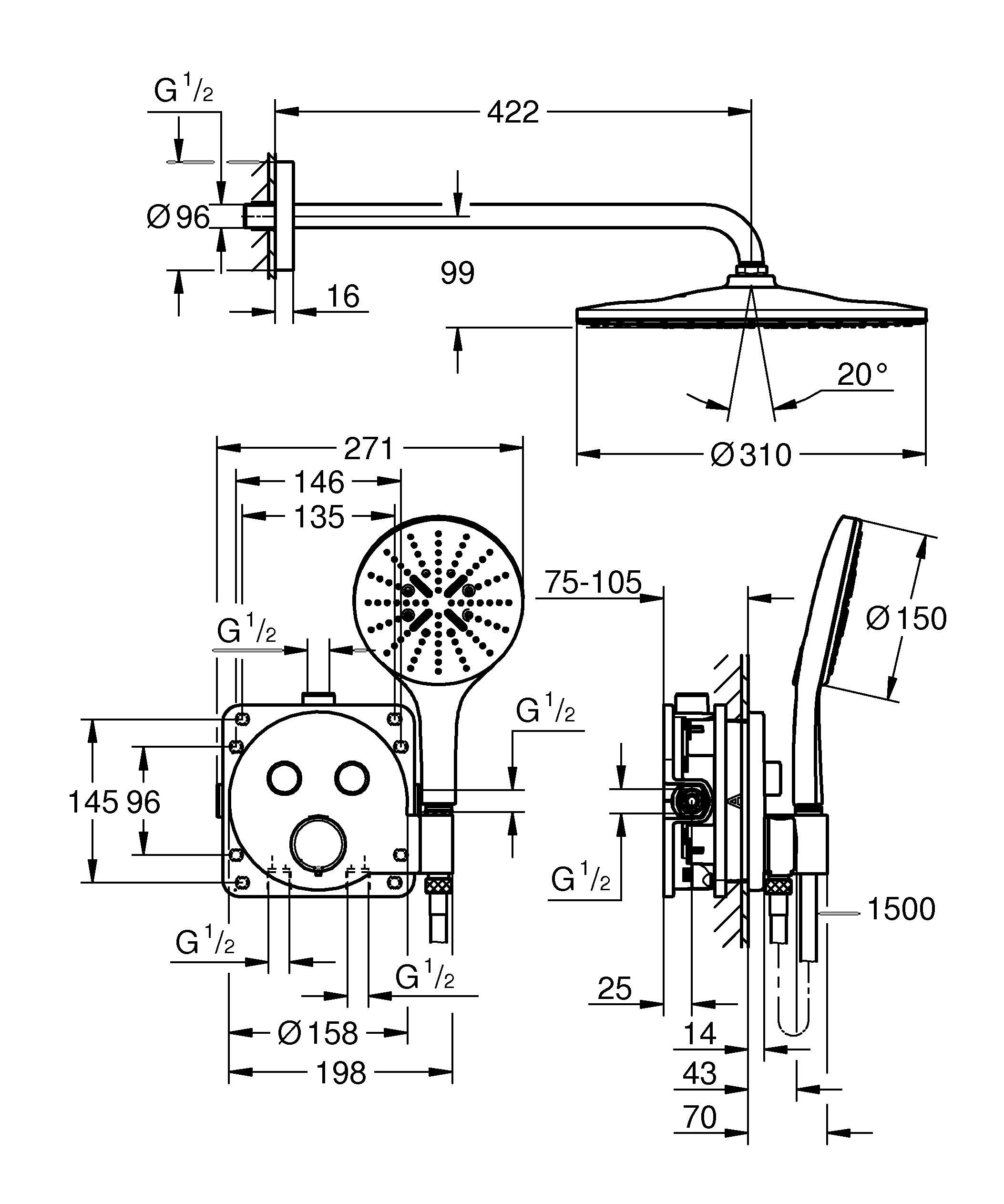 GROHE Precision SmartControl 310, podtynkowy system prysznicowy (31 cm deszczownica z termostatem, głowica prysznicowa 1 rodzaj strumienia, kompletny zestaw, wąż prysznicowy 1,50 m), okrągły, chom