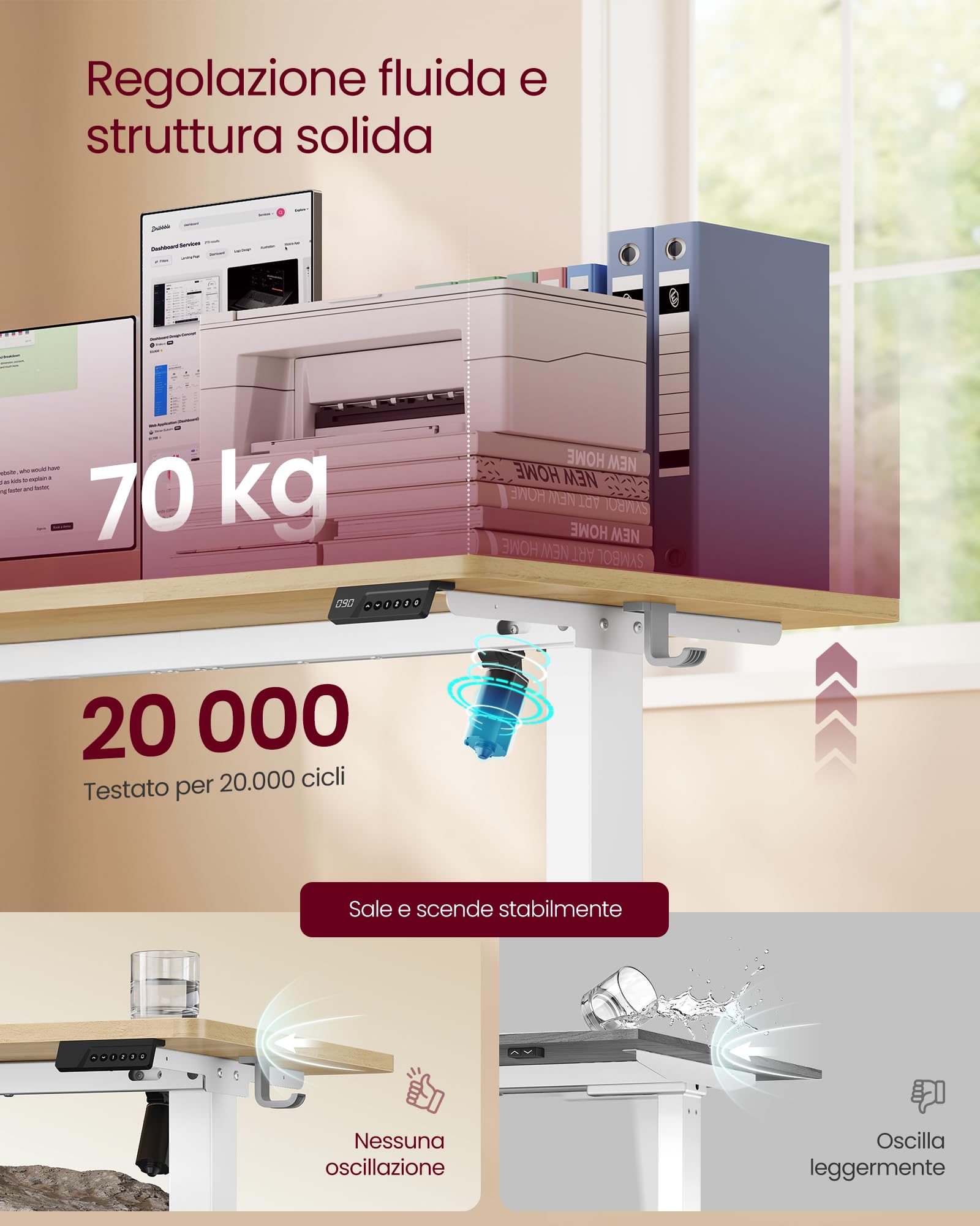 VASAGLE Scrivania Regolabile in Altezza Elettrica, Scrivania per Computer, Promemoria per Sedentarietà, Funzione Memoria con 4 Altezze, per Ufficio, 120 x 60 cm, Rovere Dorato LSD312YA03