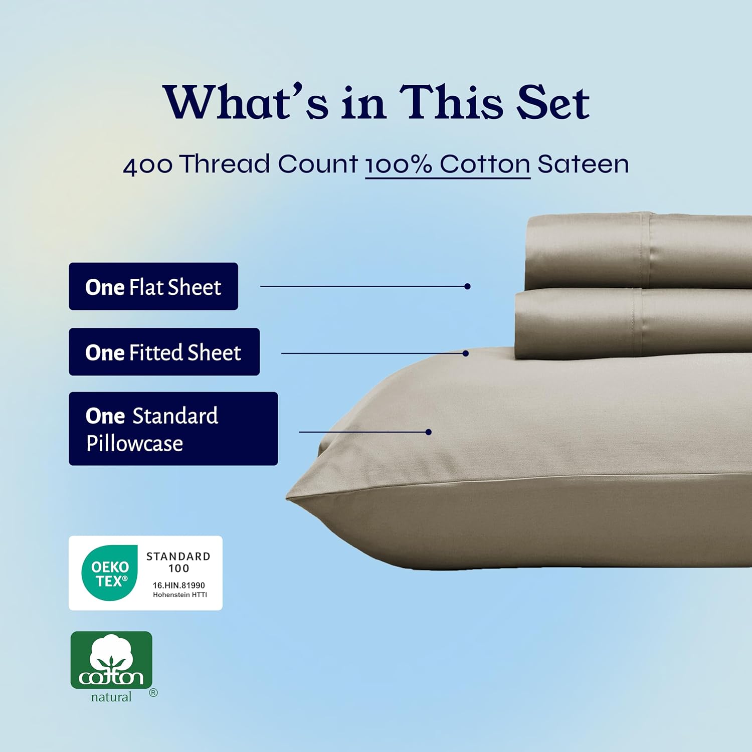 Twin XL Taupe Cotton Sateen 3-Piece Sheet Set