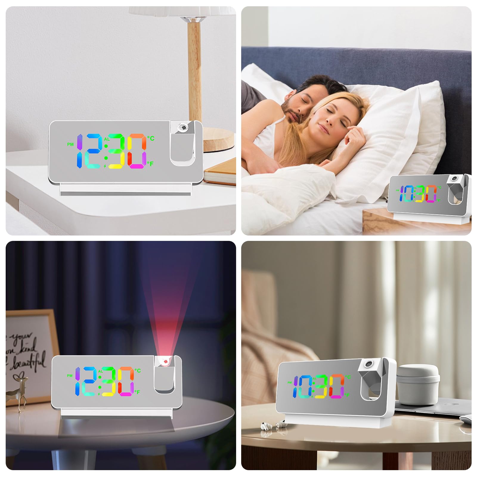 Sveglia Digitale con Proiezione, Sveglia con Proiettore Soffitto a 180°, Orologio Digitale con Temperatura, Data, 12/24 ore, Funzionamento USB, per la Camera da Letto