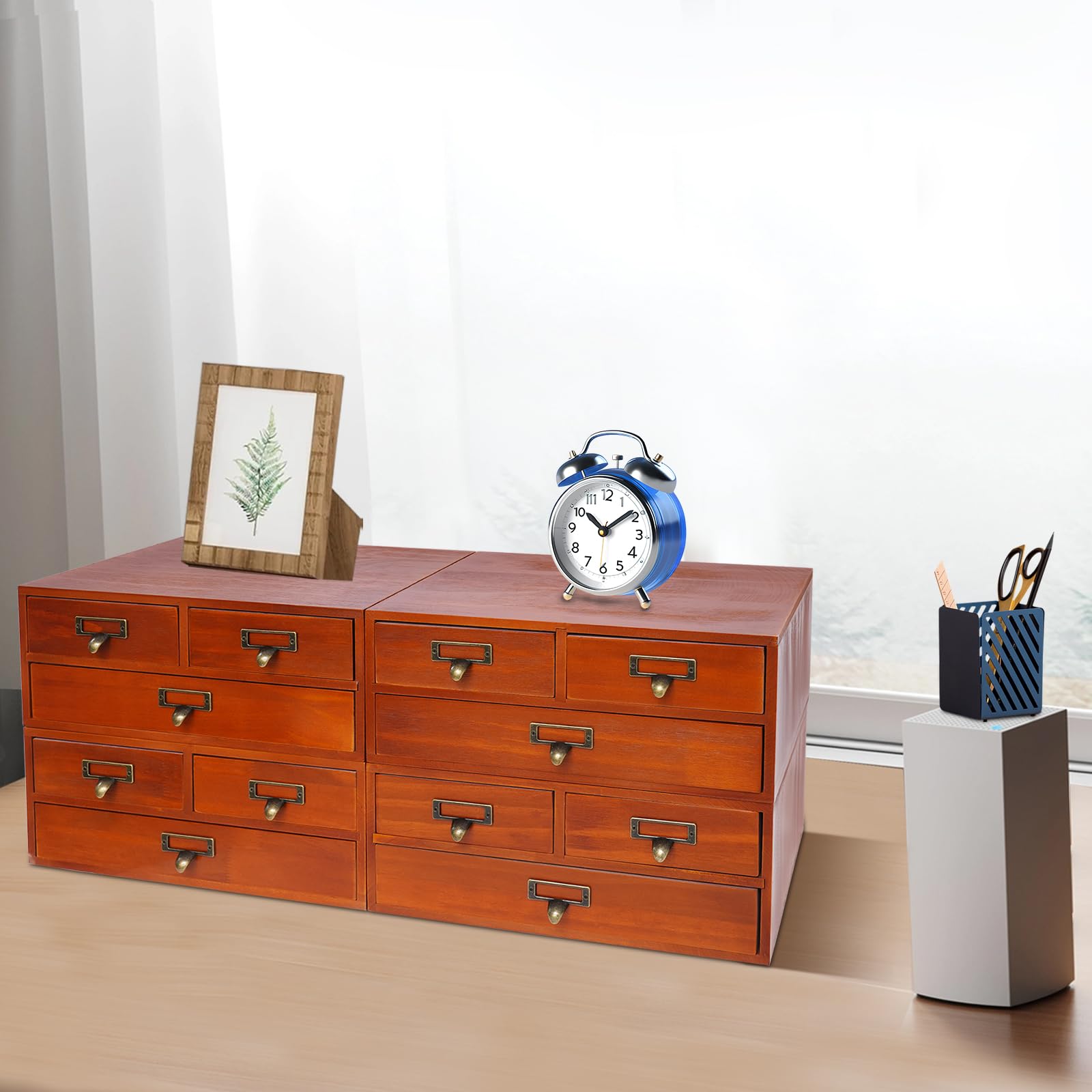 4 Pack Wood Apothecary Cabinet with 3 Drawers Vintage Desktop Storage Box Wooden Library Card Catalog Cabinet Countertop Desk Drawer Organizer with Handle for Bedroom Study Room Office (Brown)