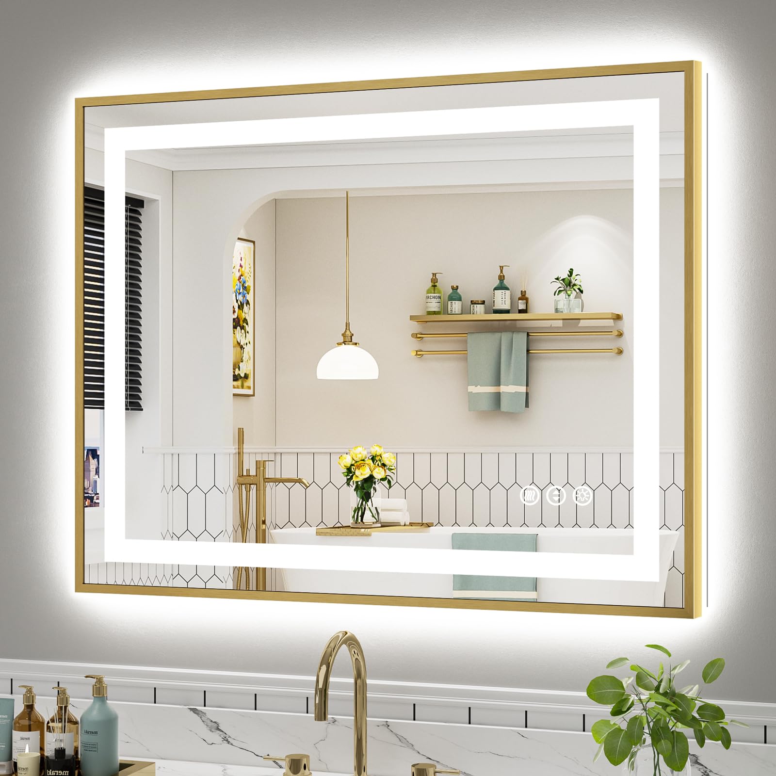 40x32 Inch LED Bathroom Mirror with Gold Frame, Backlit &amp; Front Lit
