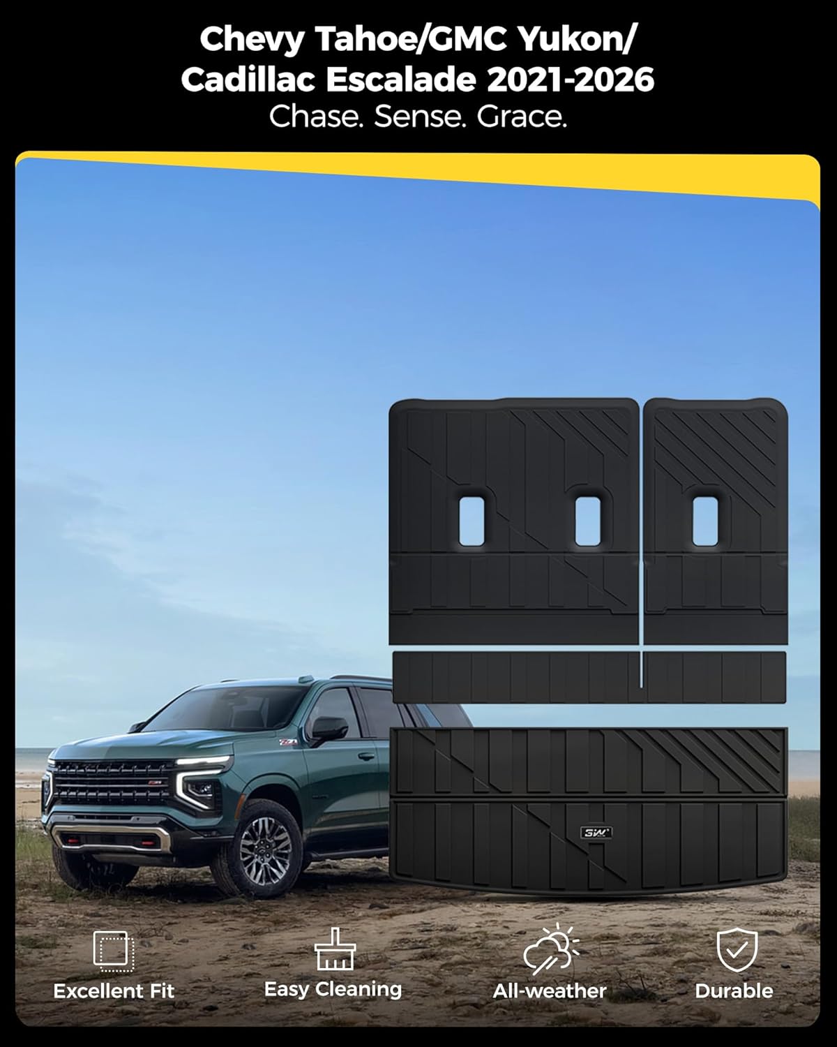 3W Cargo Liner & Seat Back Mats for 2021-2026 Chevrolet Chevy Tahoe/GMC Yukon (Only Yukon, Not Fit Yukon XL)/Cadillac Escalade (Only Escalade, Not Fit Escalade ESV), All Weather TPE Custom Fit Chevy Tahoe 21-26 Cargo Liner&Backrest