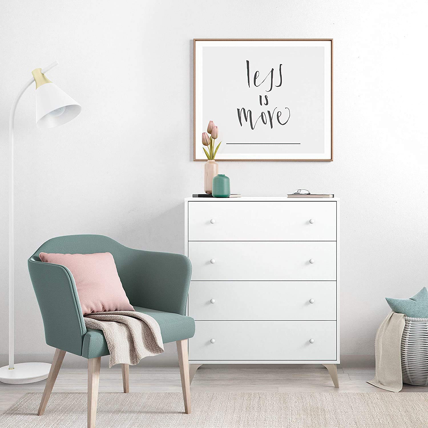Mobelcenter, Conjunto Dormitorio Matrimonio Sweet, Color Blanco Artik y Blanco Velho, Cabezal para Camas de 135 y 150 cm, 2 Mesitas de 3 cajones y Cómoda de 4 cajones (P0029)