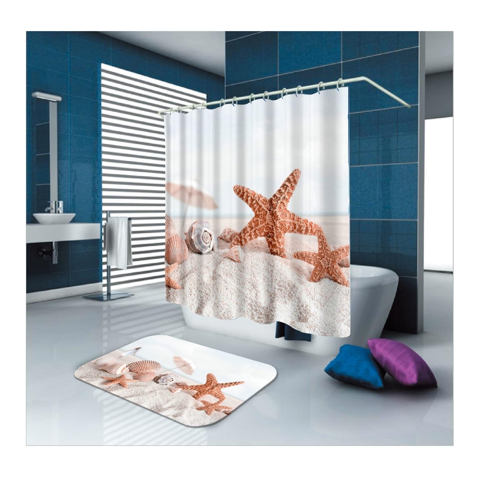 Cortina de ducha de 180 x 200 cm, textil blanco y marrón, doble estrella de mar, diseño de concha de playa, antimoho, cortina de baño de poliéster, resistente al agua, lavable, cortinas de