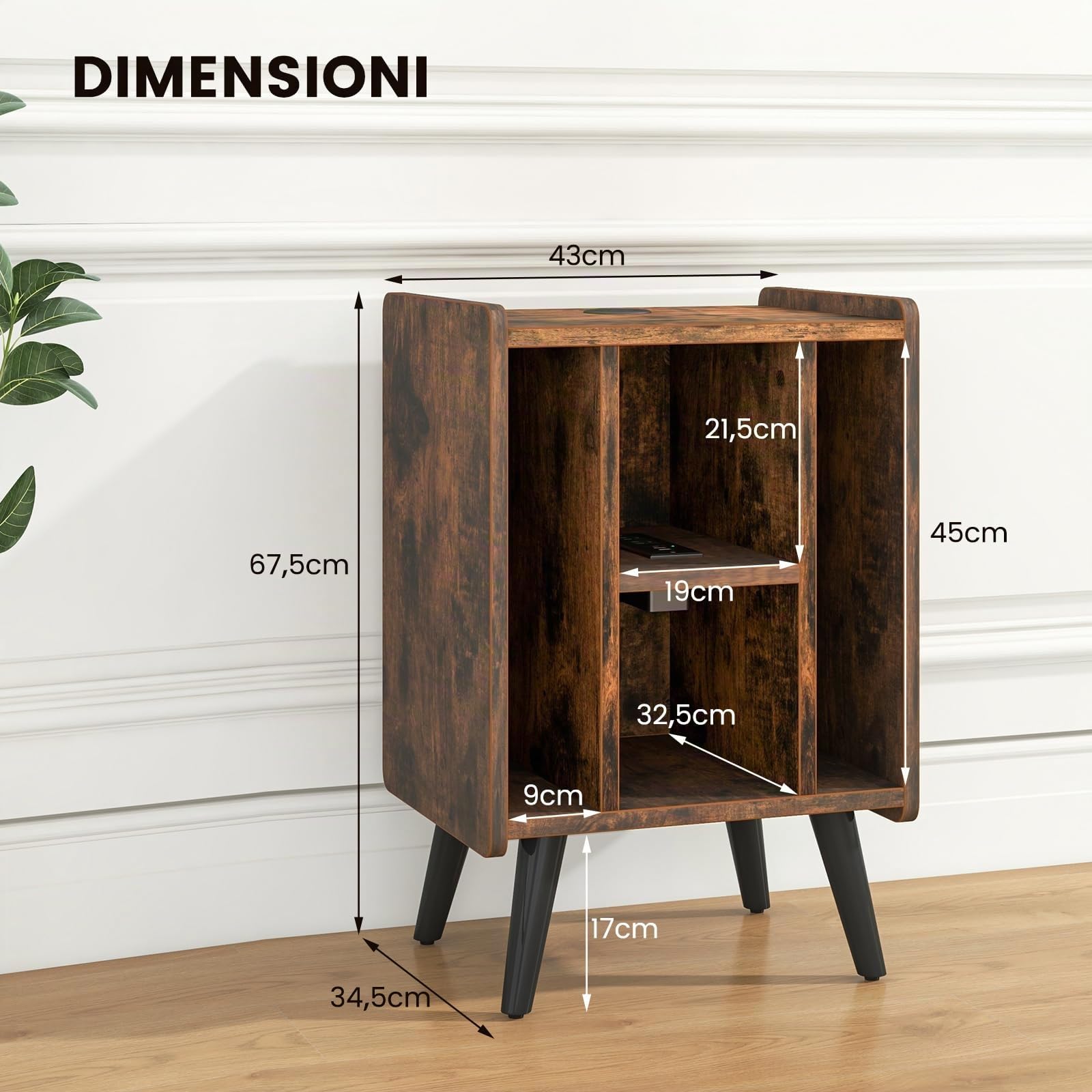 COSTWAY Supporto per Giradischi, Porta Vinili con 4 Ripiani Aperti, Presa di Corrente e Porta USB, con Mensole Espositive, per Soggiorno, Camera da Letto e Ufficio, 43 x 34,5 x 67,5 cm (Marrone)