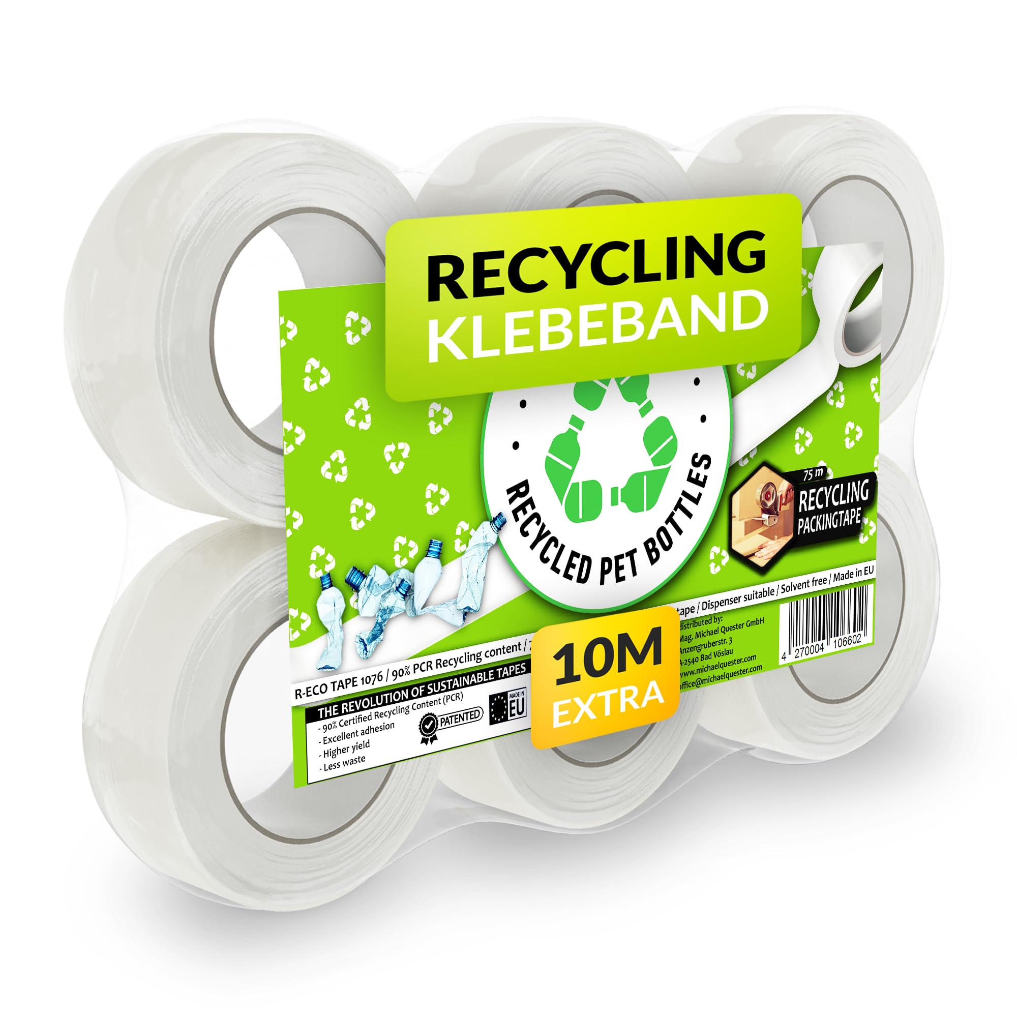 RECO Recycling Paketklebeband mit ECO Print - 36 Rollen x 75m Multipack Extralang - 50mm volle Breite | Transparentes Paketband | aus über 90% recyceltem Material, Universal Packband Klebeband