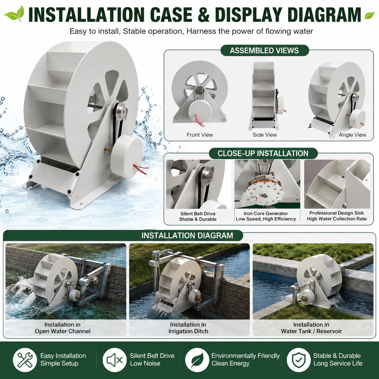 Generador de turbina de agua portátil de 100 W, kit micro hidráulico para arroyos y ríos fuera de la red con transmisión silenciosa para una solución de energía sostenible