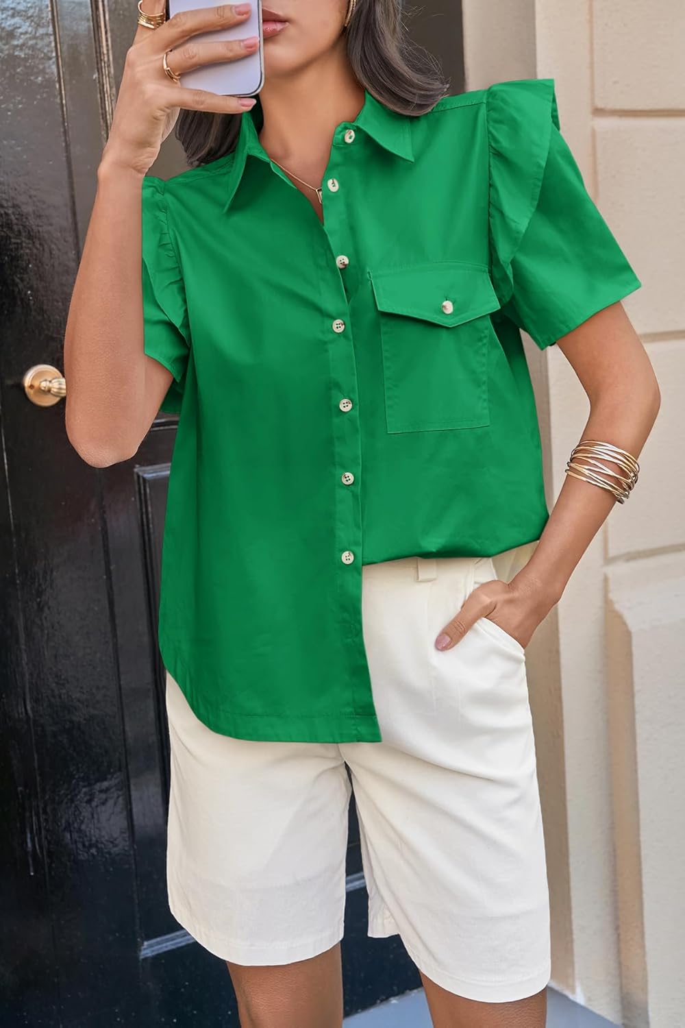 Cicy Bell Womens Ruffle Button Down Shirts Dressy Casual Short Puff Sleeve Cotton Tops Summer Loose Fit V Neck Blouses - Image 2