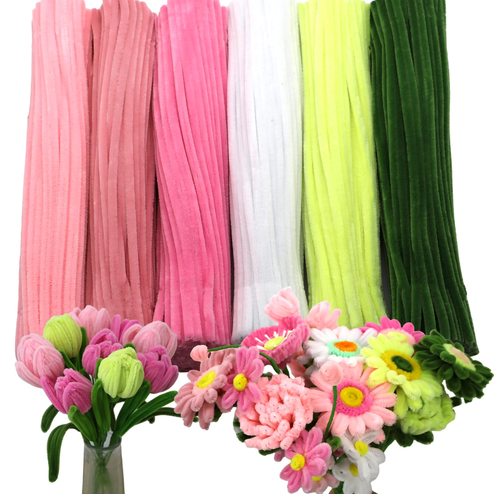 Swpohrat 600 Pcs Thick Craft Pipe Cleaners Bulk 6 Assorted Colors,12 Inch Chenille Stem Pipecleaner Kit for Craft Animals, Flowers Making,Creative DIY Decorations (Pink Flower Color)