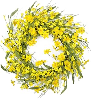 HomeKaren Spring Wreaths for Front Door 22 Inch, Door Wreath for Spring and Summer with Flowers, Spring, Green Yellow Floral Wreath for All Seasons Home Decoration