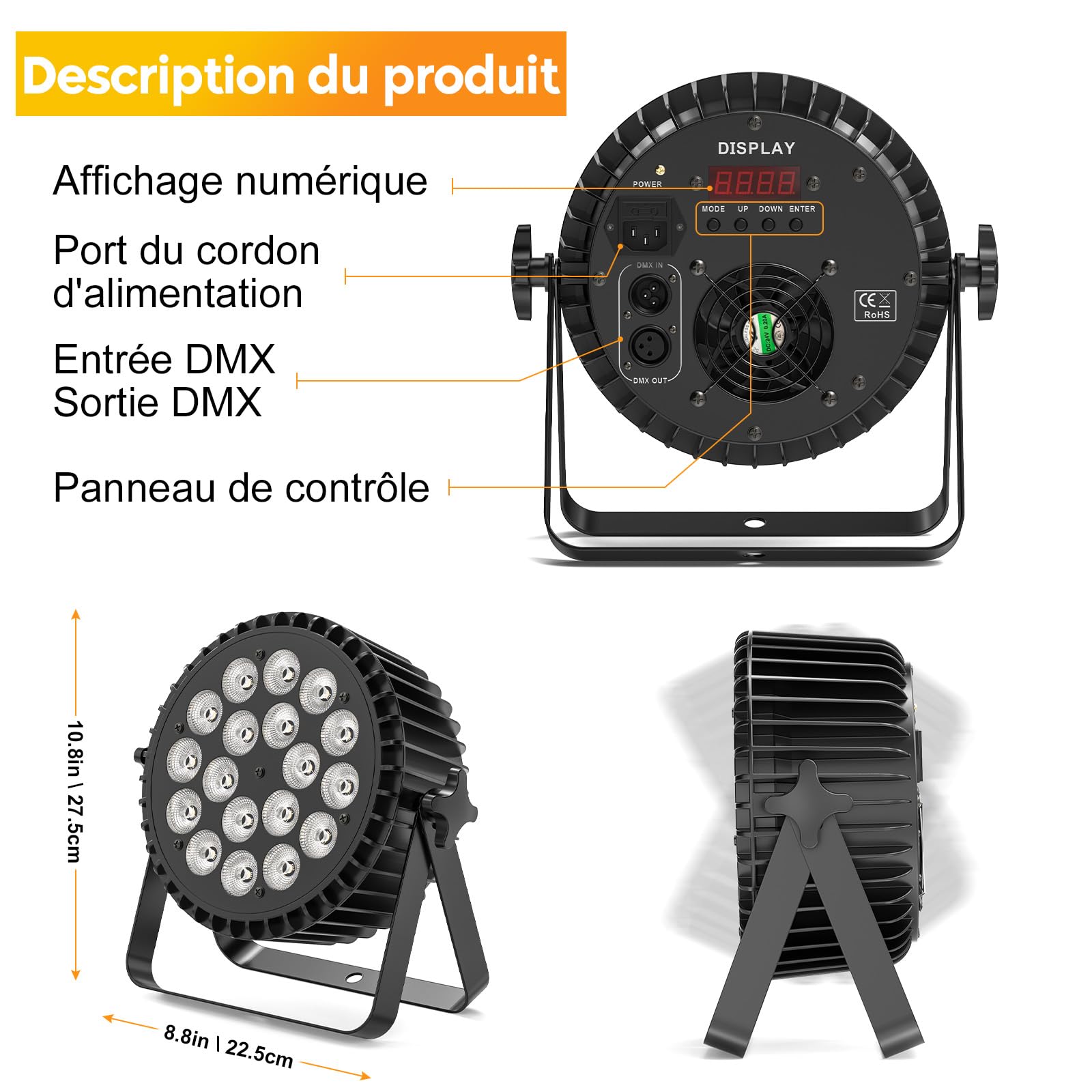2PCS 18 LED 200W 4 en 1 RGBW de Scène Lumière, DMX512 LED Par,Son/Maître Esclave DJ Disco Lumière pour Fête, Concert, Halloween, Noël, Mariage, Club