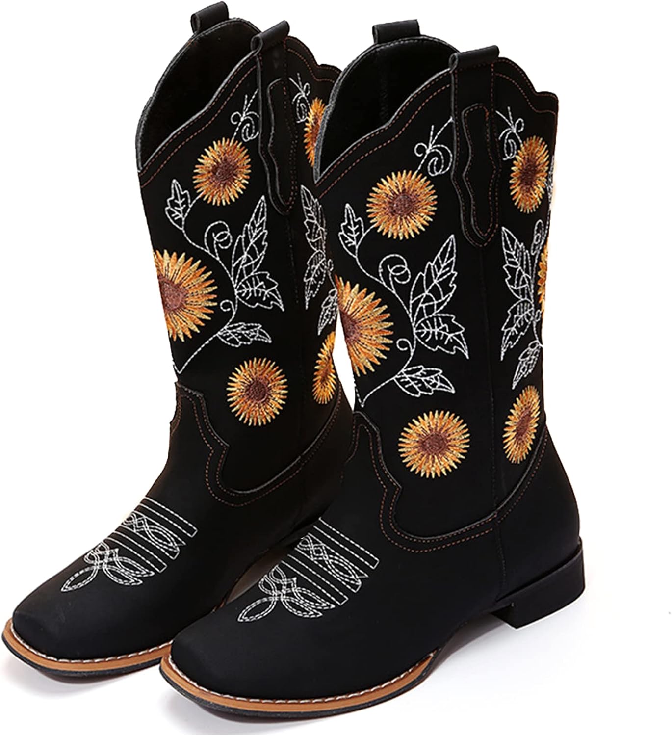 Miniatura 2 de Botas vaqueras bordadas con girasol para mujer, botas vaqueras con punta cuadrada, botas altas de vaquera para todas las estaciones y ocasiones