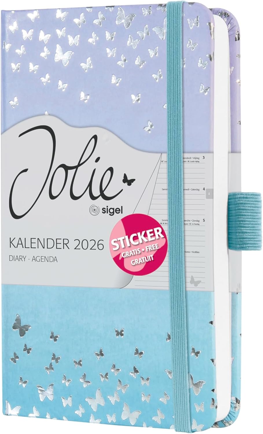 SIGEL Jolie J6346 Weekly Planner 2026, Butterfly Confetti Candy, Approx. A6, Hard Cover, Elastic Band, Pen Loop, Slip Pocket, 174 Pages, Vegan, Made from Sustainable Paper, Diary
