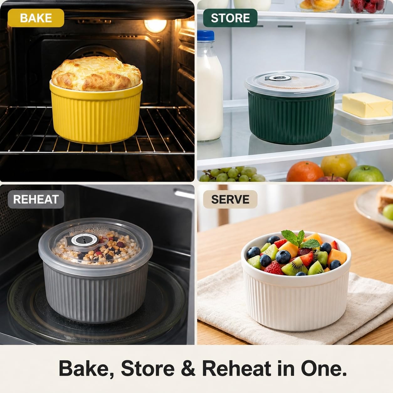 Ramequines de cerámica de 14 onzas con tapas, aptos para horno de crema brulee con cubiertas, platos pequeños para hornear, juego de ramequines de porcelana para soufflé, postre de salsa, juego de 4