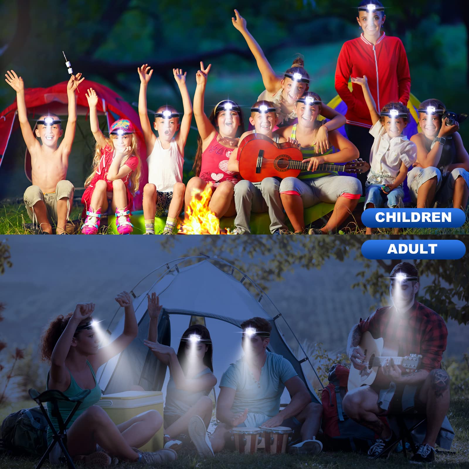 LED-Stirnlampen, IPX4, wasserdicht, 3 Modi, für Erwachsene, Kinder, LED, Camping-Zubehör, Scheinwerfer für Laufen, Camping, Wandern, Joggen (Batterien nicht im Lieferumfang enthalten), 18 Stück