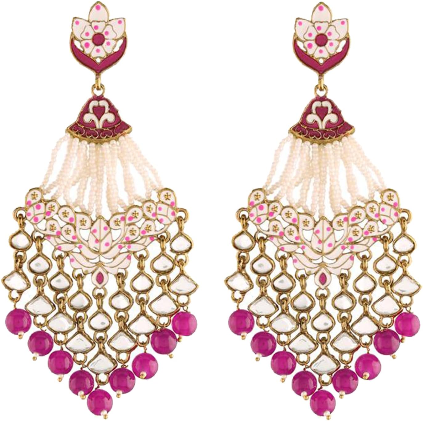 Aheli Kundan Enamel Beads Pearl Earrings Hanging Chain Jhumkis Indian Traditional Kundan Jewelry Gift for Women