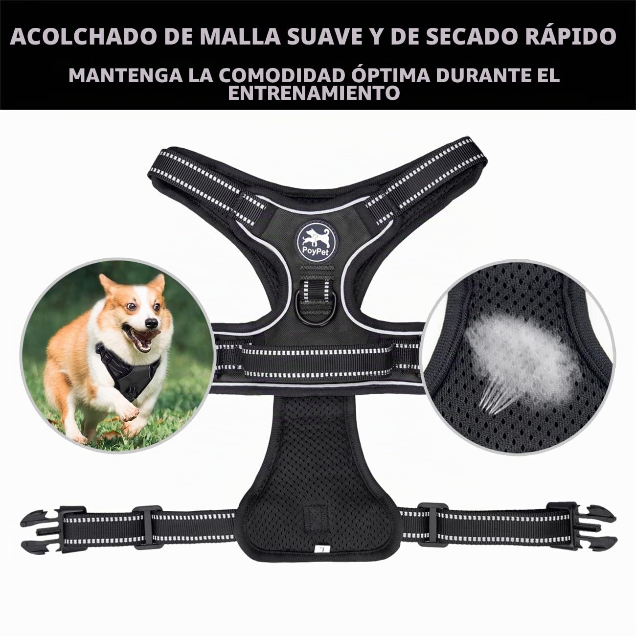 PoyPet Arnés reflectante para perros No Pull, Pechera para Perro con 2 fijaciones para la correa y asa de control fácil para perros pequeños y medianos (negro, L)