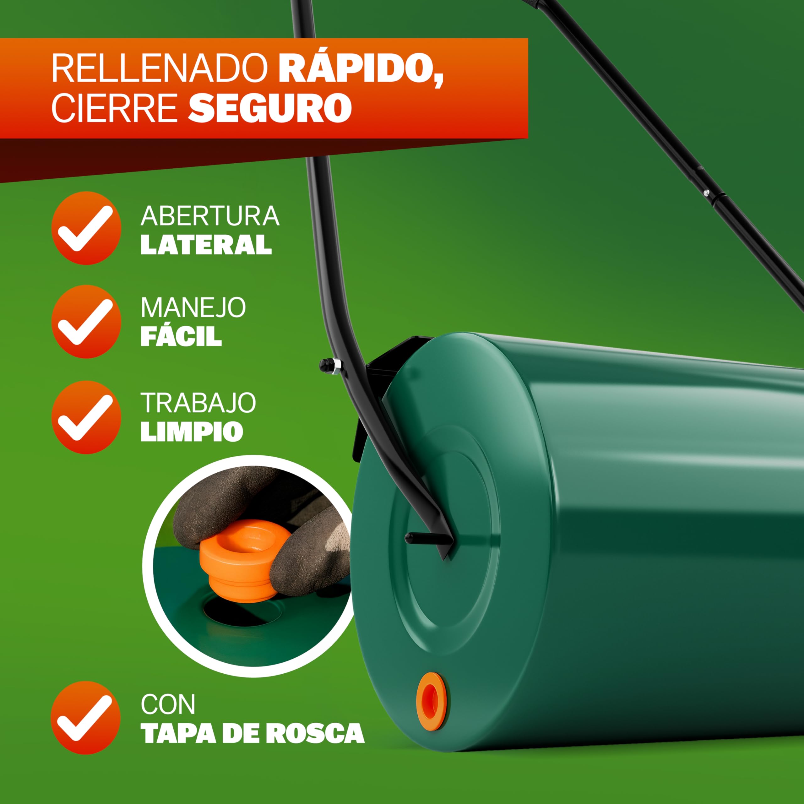 Gardebruk® Rodillo para Césped Grande 60cm, 50L, Aplanador de Tierra, Compactador Manual Huerto, Ergonómico, Alisar Prensar Terrenos, Apisonadora cesped Jardin