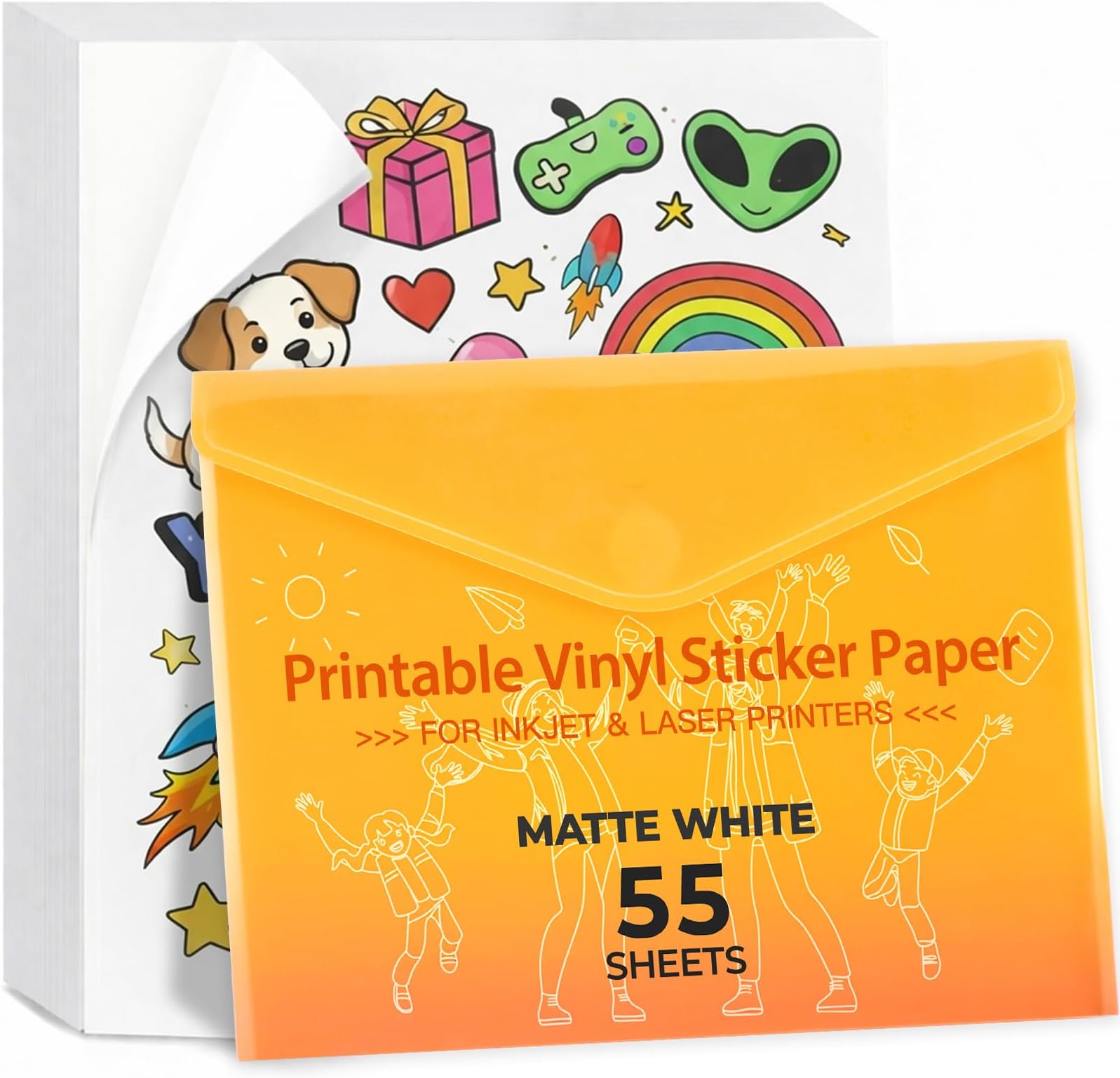 JANDJPACKAGING Printable Vinyl for Inkjet Printer - 55 Pack Matte White Printable Vinyl Sticker Paper Dries Quickly Vivid Colors, Holds Ink Well, Tear Resistant, Inkjet & Laser Printer