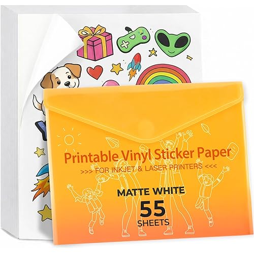 JANDJPACKAGING Printable Vinyl for Inkjet Printer - 55 Pack Matte White Printable Vinyl Sticker Paper Dries Quickly Vivid Colors, Holds Ink Well, Tear Resistant, Inkjet & Laser Printer