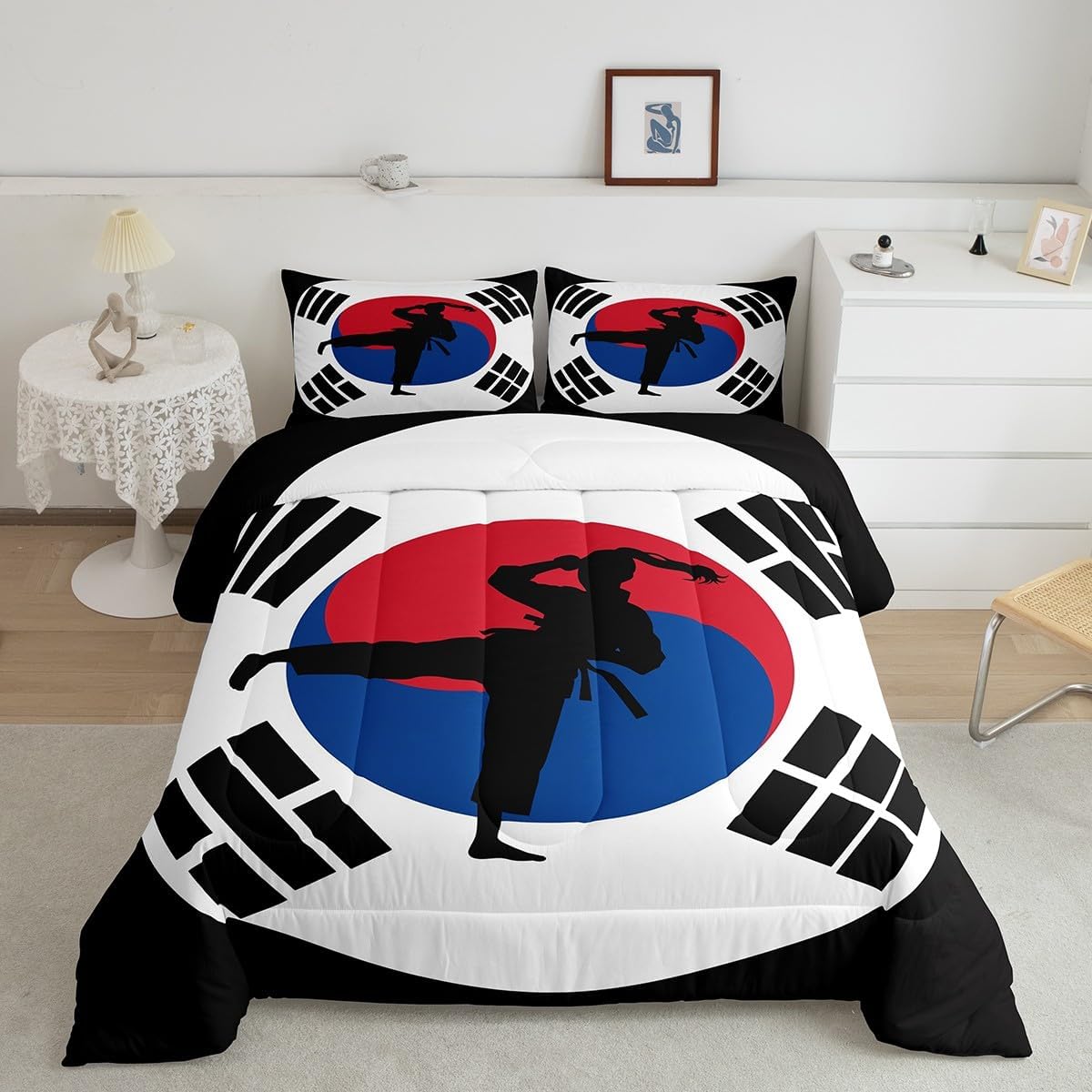 Feelyou Kids Taekwondo Comforter Set Full Size Boys Girls Karate Kungfu Comforter Martial Art Bedding Set Korean Flag Style Quilt Set