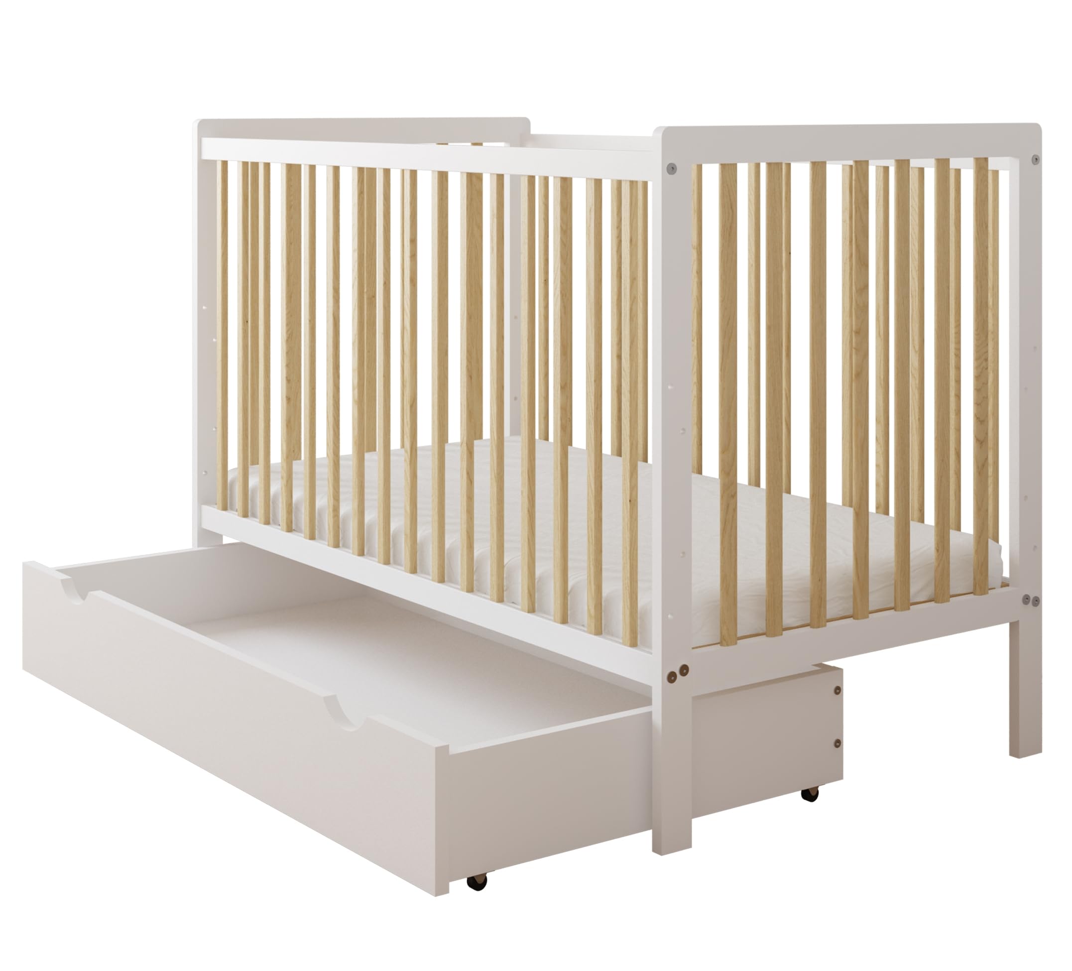 zee Cuna Bebé LUMI 120x60 cm 2 en 1 con Colchón Convertible en Cama Infantil Blanco Natural con Cajón y Barandilla Seguridad Madera de Pino Altura Regulable