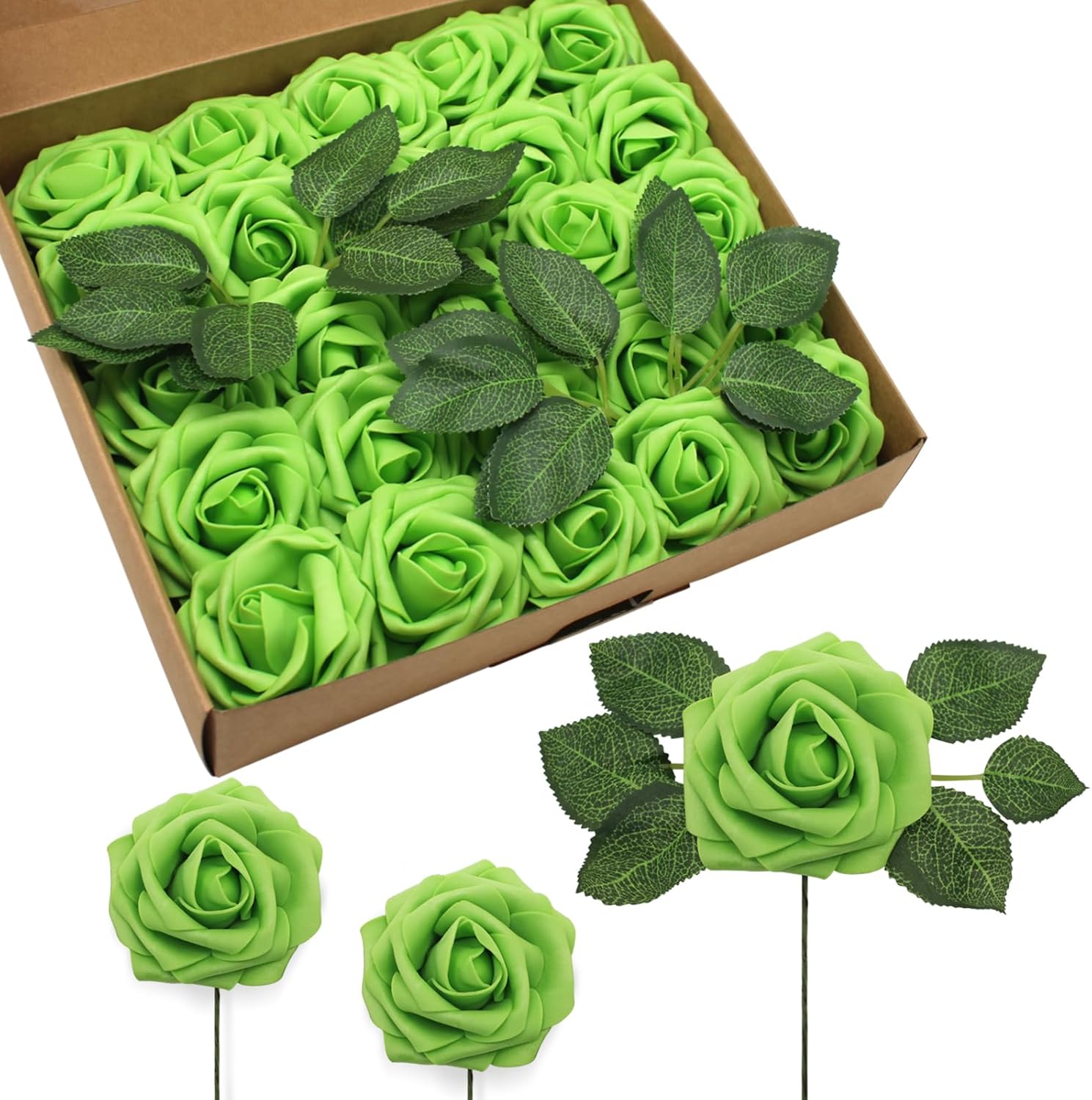 JOYLEX Green Artificial Flowers Realistic Roses, Real Looking Fake Roses with Stem for DIY Wedding Bouquets Centerpieces Bridal Shower Party Home Romantic Decorations (Green, 100pcs)