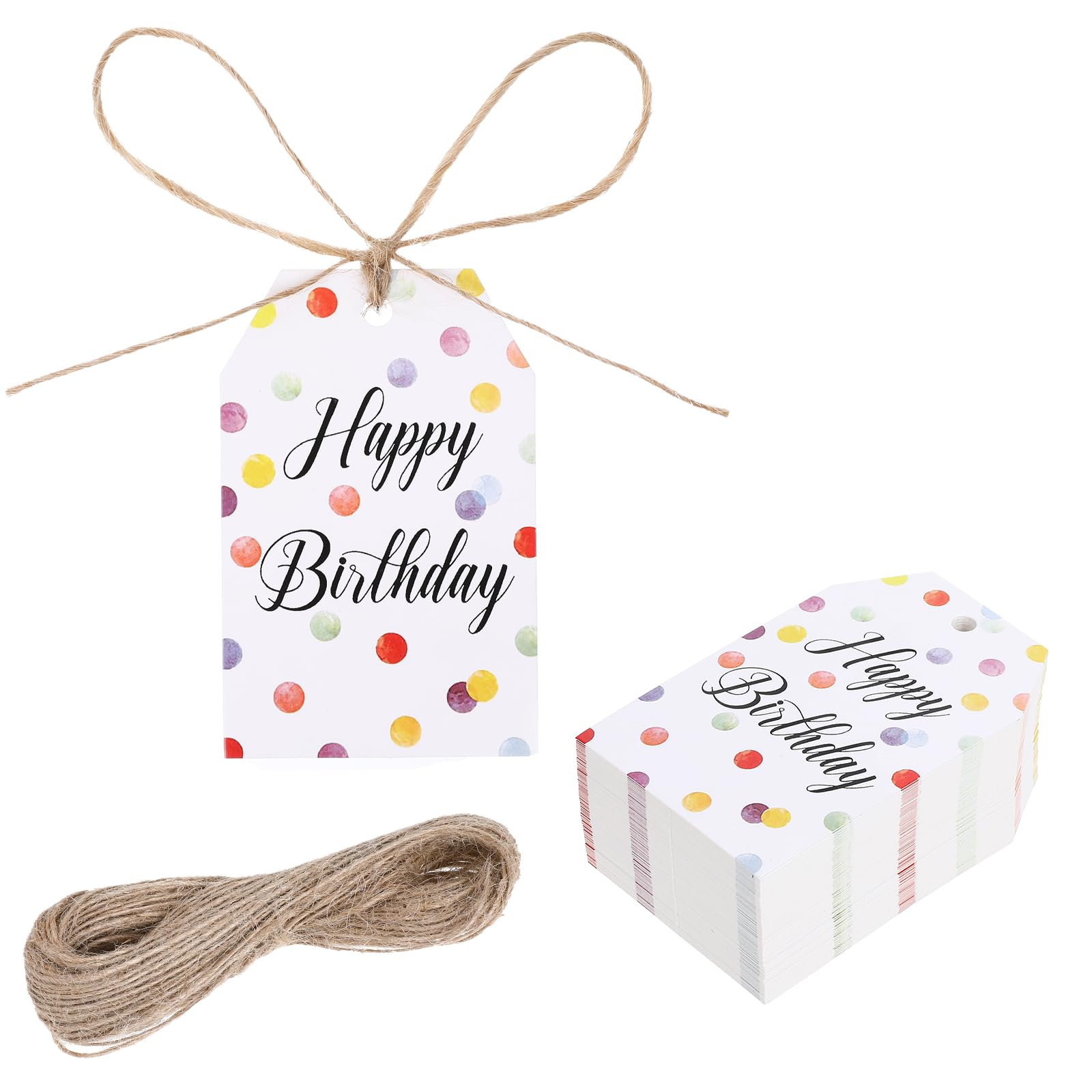 100 Pcs Happy Birthday Gift Tags with String, Paper Present Tags for Presents Colorful Dots Present Tag Personalized Pastel Gift Tag for Birthday Party Favors Baby Shower