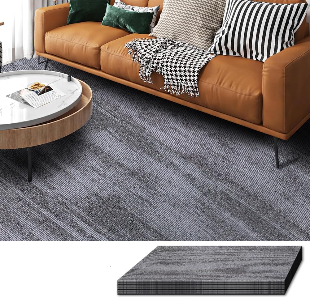 LITA Carpet Tiles Reusable 24" x 24" Squares Indoor/Outdoor 0.25" Pile Height Loop Pile, Non Slip Easy DIY Installation Peel and Stick Carpet Tile, Gray Polypropylene, (18 Tiles) (72 sqft/Box)