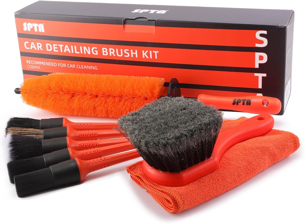 SPTA 8Pcs Wheel & Tire Brush Car Detailing kit, Easy Reach Wheel and Rim Brush, 5pcs Detailing Brushes, Short Handle Cleaning Brush, 1pc Microfiber Cleaning Cloth, Great to Clean Dirty Tires : Automotive