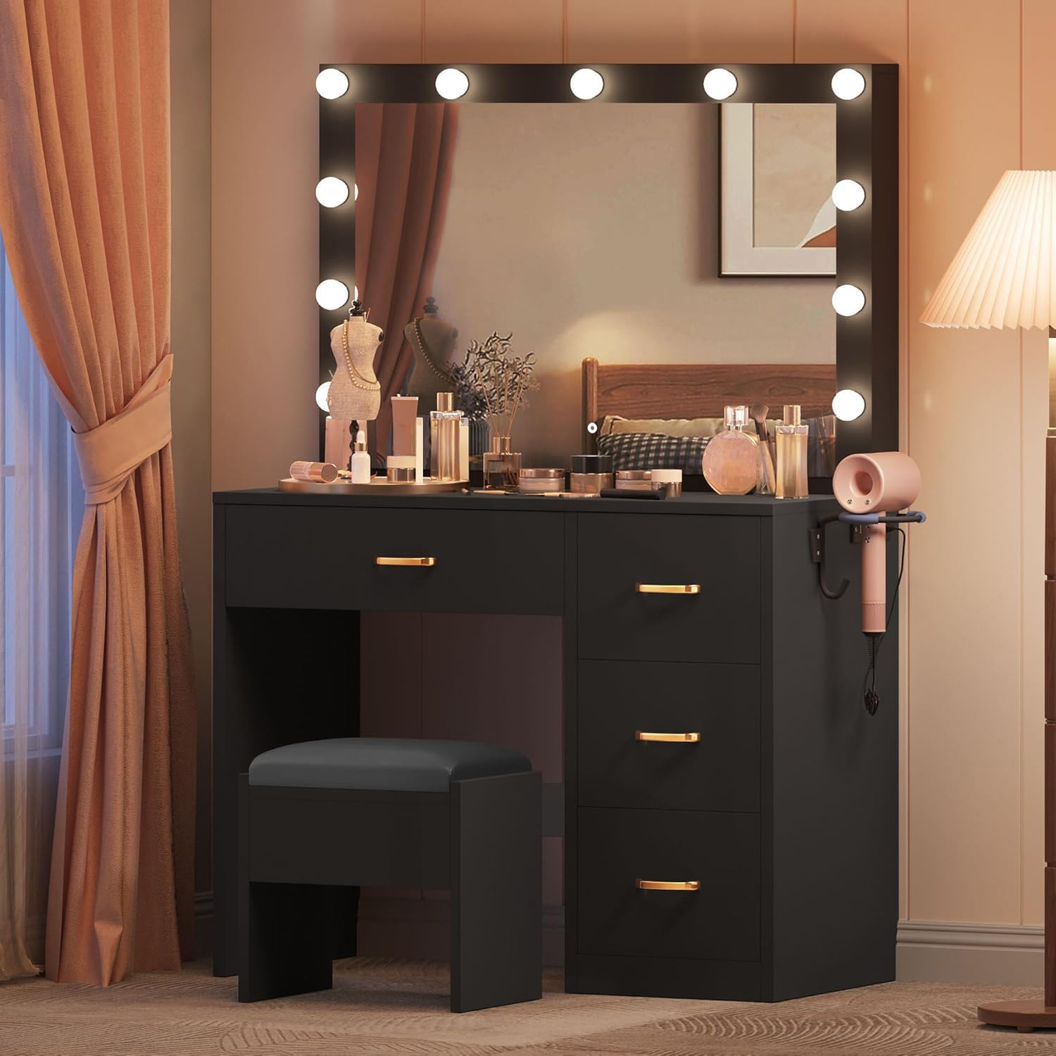 DWVO Makeup Vanity Table, Vanity Desk Set with Large Mirror, LED Lights with Adjustable Brightness