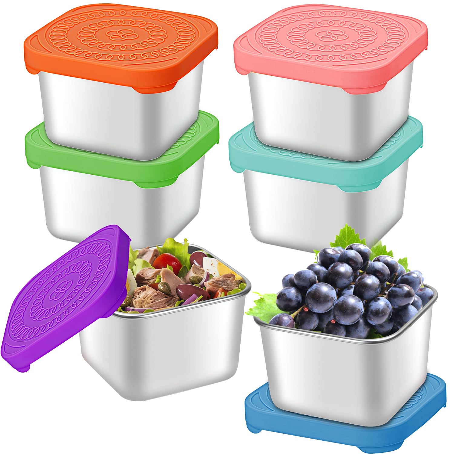 zxbaers Snack Containers with Silicone Lids,Set of 6 Stainless Steel Snack Boxes, Easy Open and Stackable，Leak Proof Food Containers for Daily Use，Office and Travel